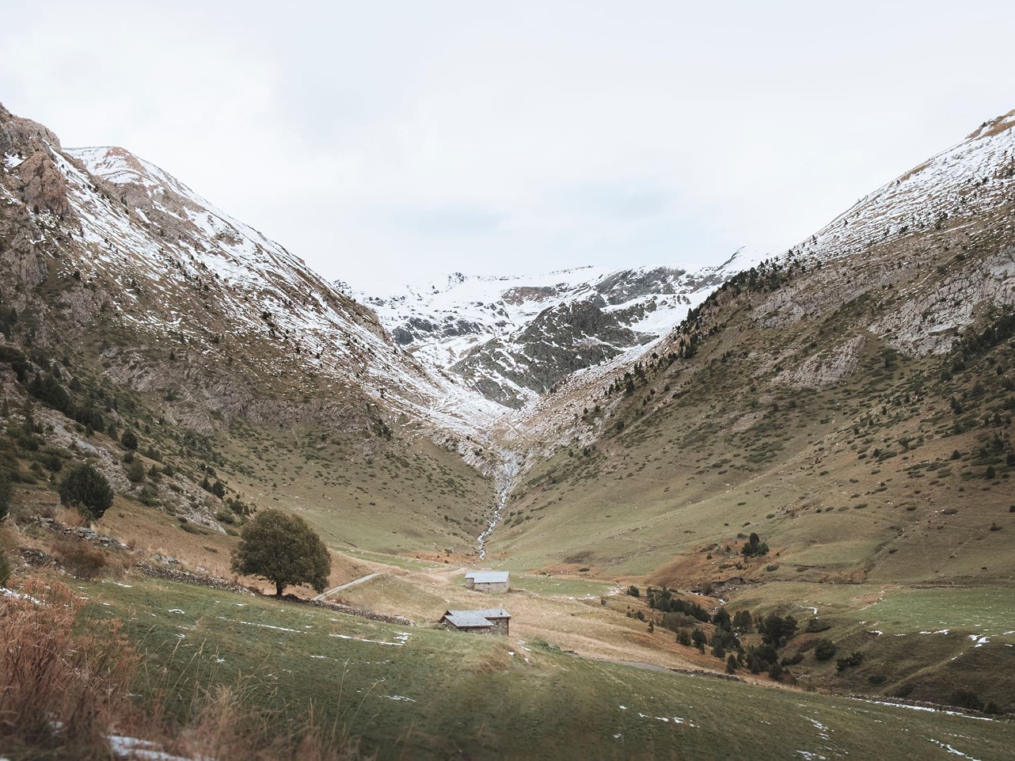 Stunning Andorran valley landscape with snow-capped mountains and green fields.
