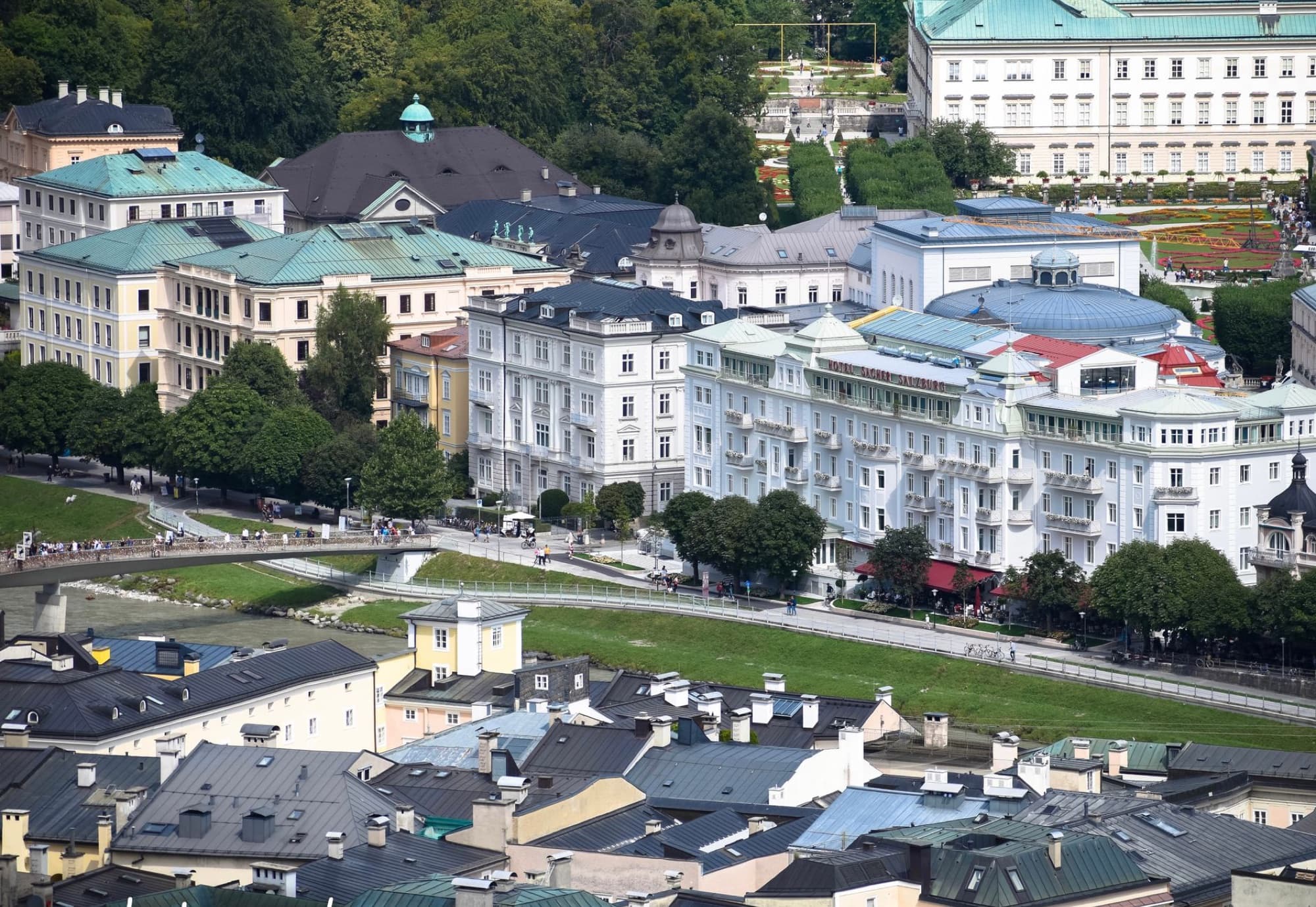 Aerial shot of classical buildings and rooftops in Salzburg, Austria.