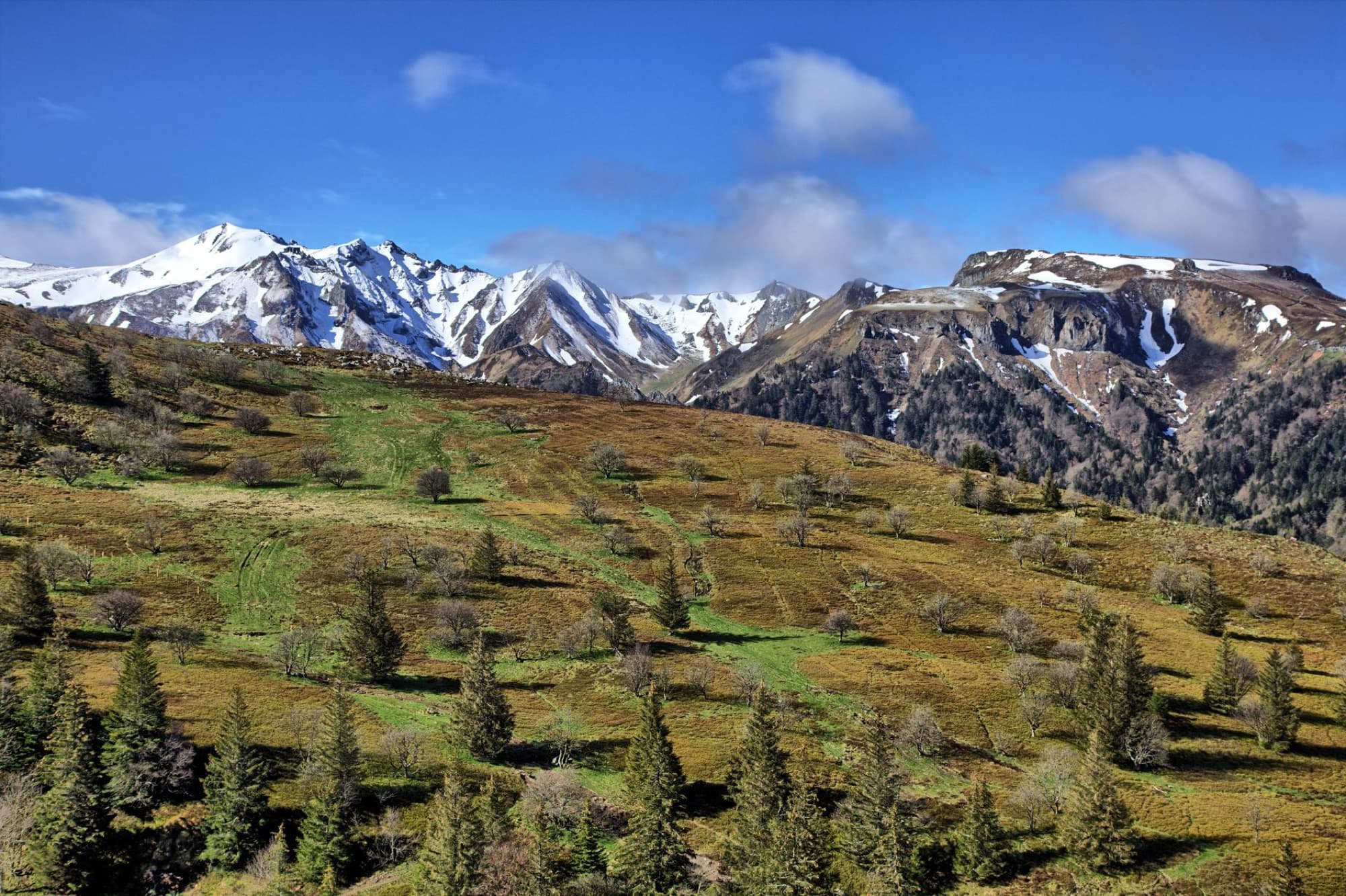 Breathtaking view of snowcapped mountains and lush valley in Le Mont-Dore, Auvergne-Rhône-Alpes, France.