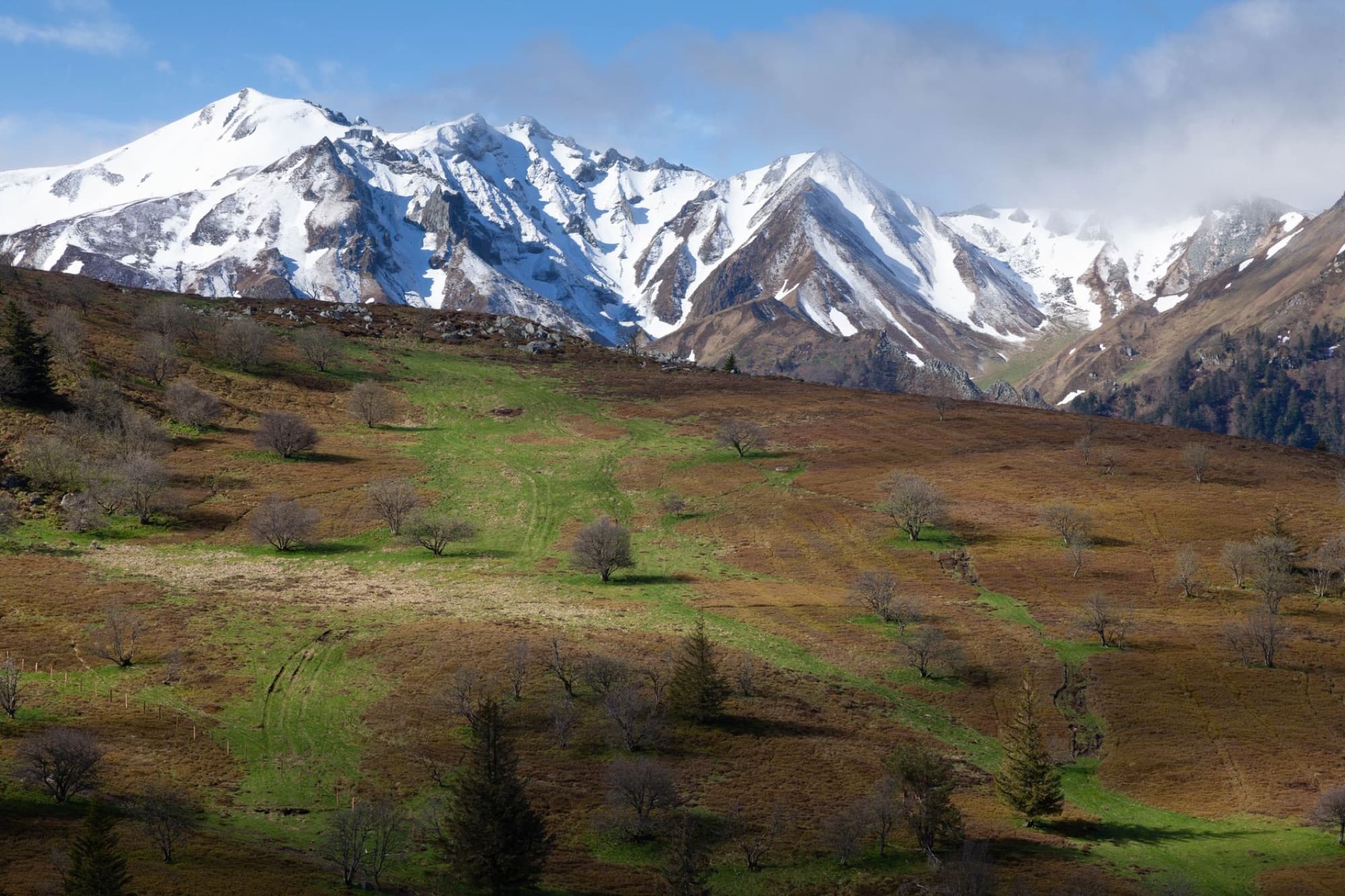 Scenic view of Le Mont-Dore's snow-covered peaks and green pastures in Auvergne-Rhône-Alpes.