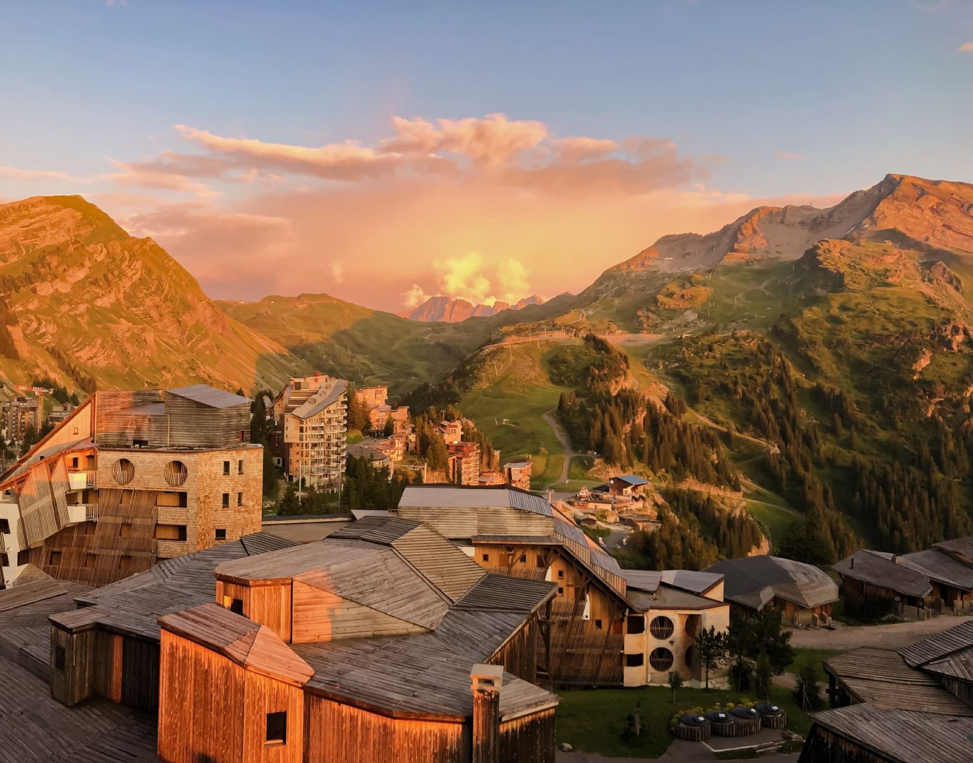 Stunning sunset view of wooden architecture in the French Alps, Avoriaz.