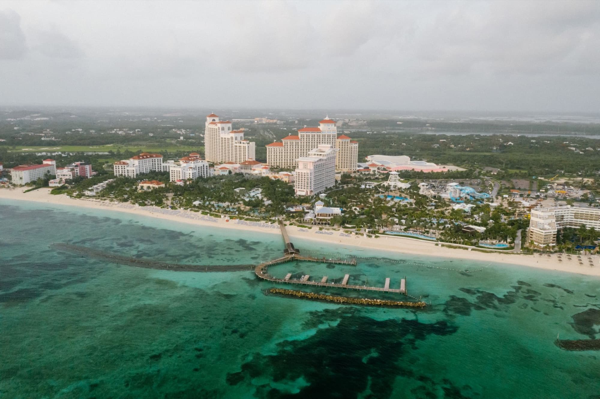 Stunning aerial view of Baha Mar Resort on Nassau's coastline, Bahamas.