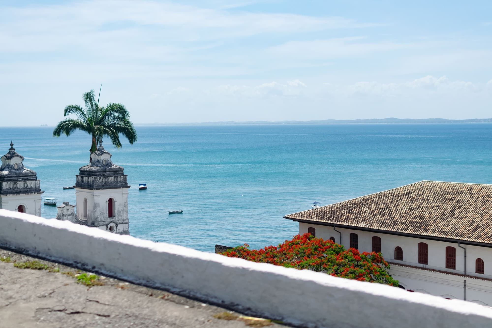 A breathtaking view of Salvador, Bahia's coastline showcasing historic architecture against a clear blue ocean.