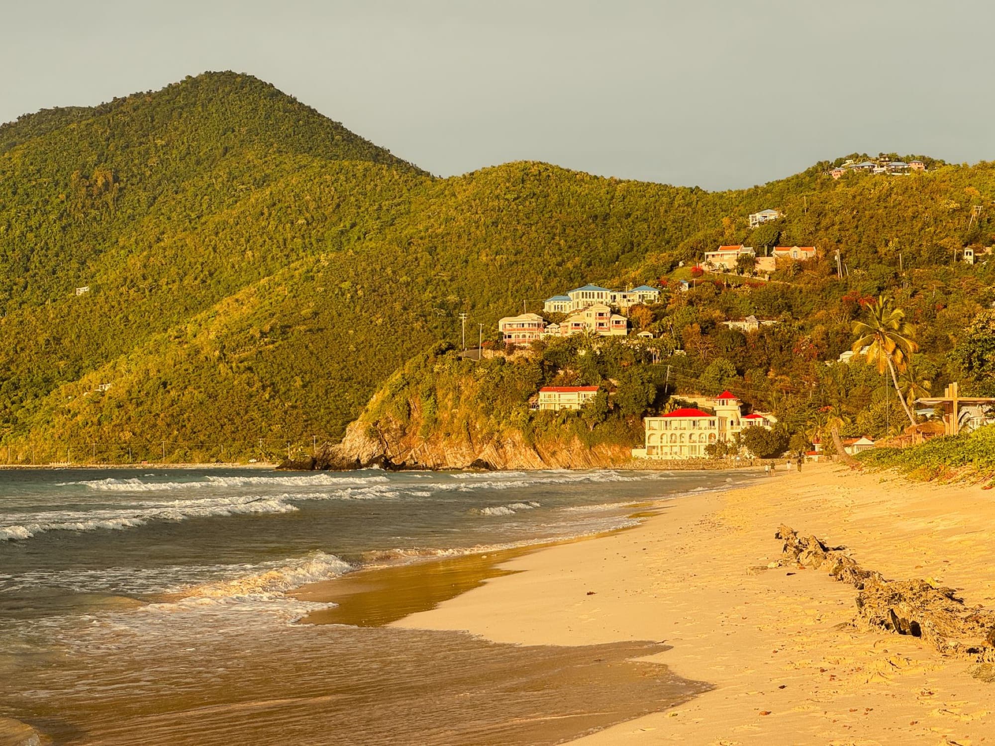 Golden sands and vibrant hills on the coastline of Tortola, British Virgin Islands at sunset.