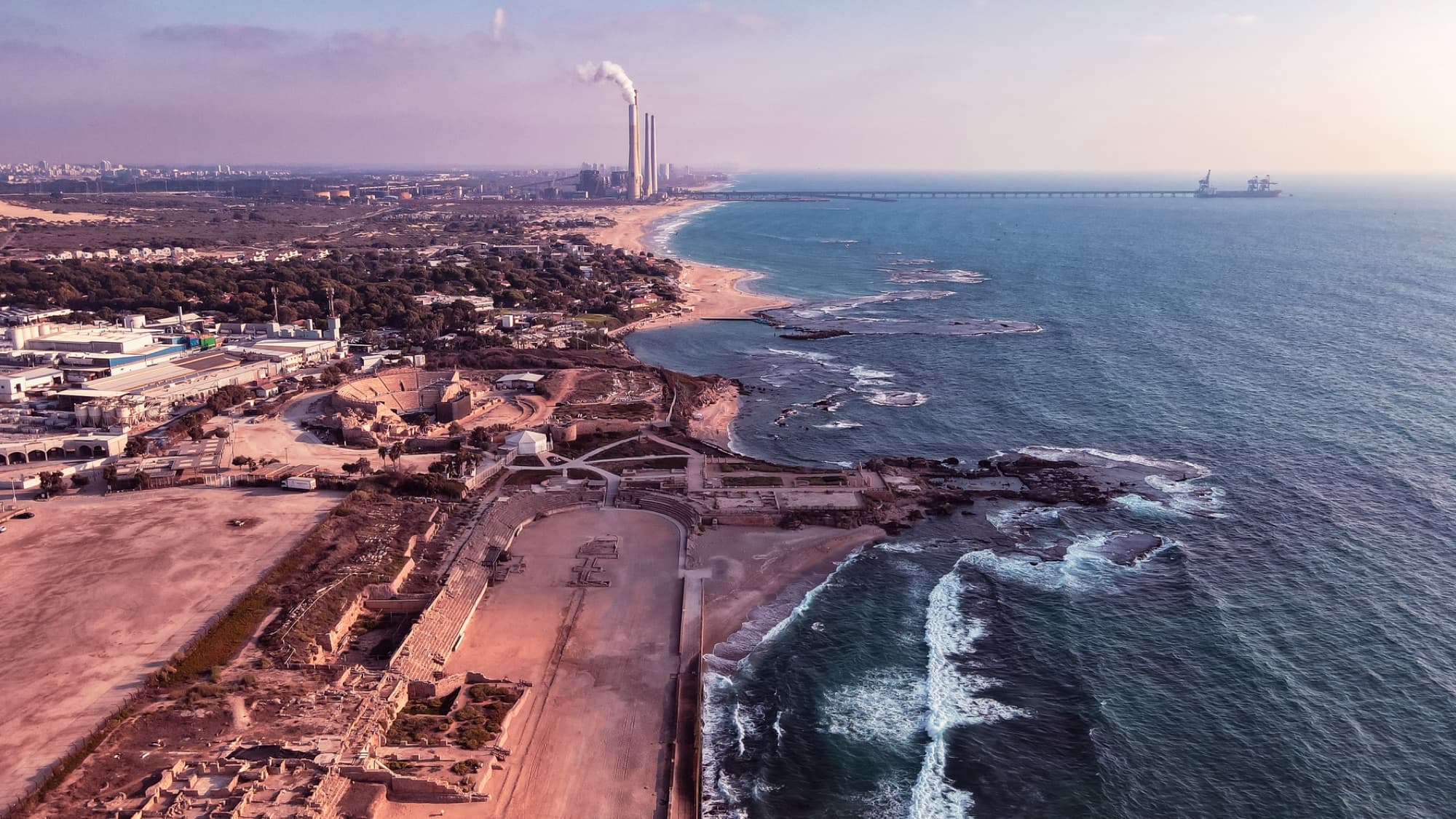 Breathtaking aerial shot of Caesarea's ancient ruins along the Mediterranean coast, Israel.