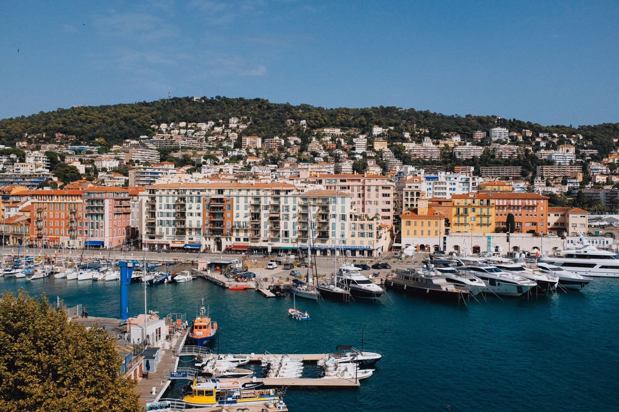 A vibrant panorama of Cannes port showcasing luxury yachts, colorful buildings, and scenic hills.