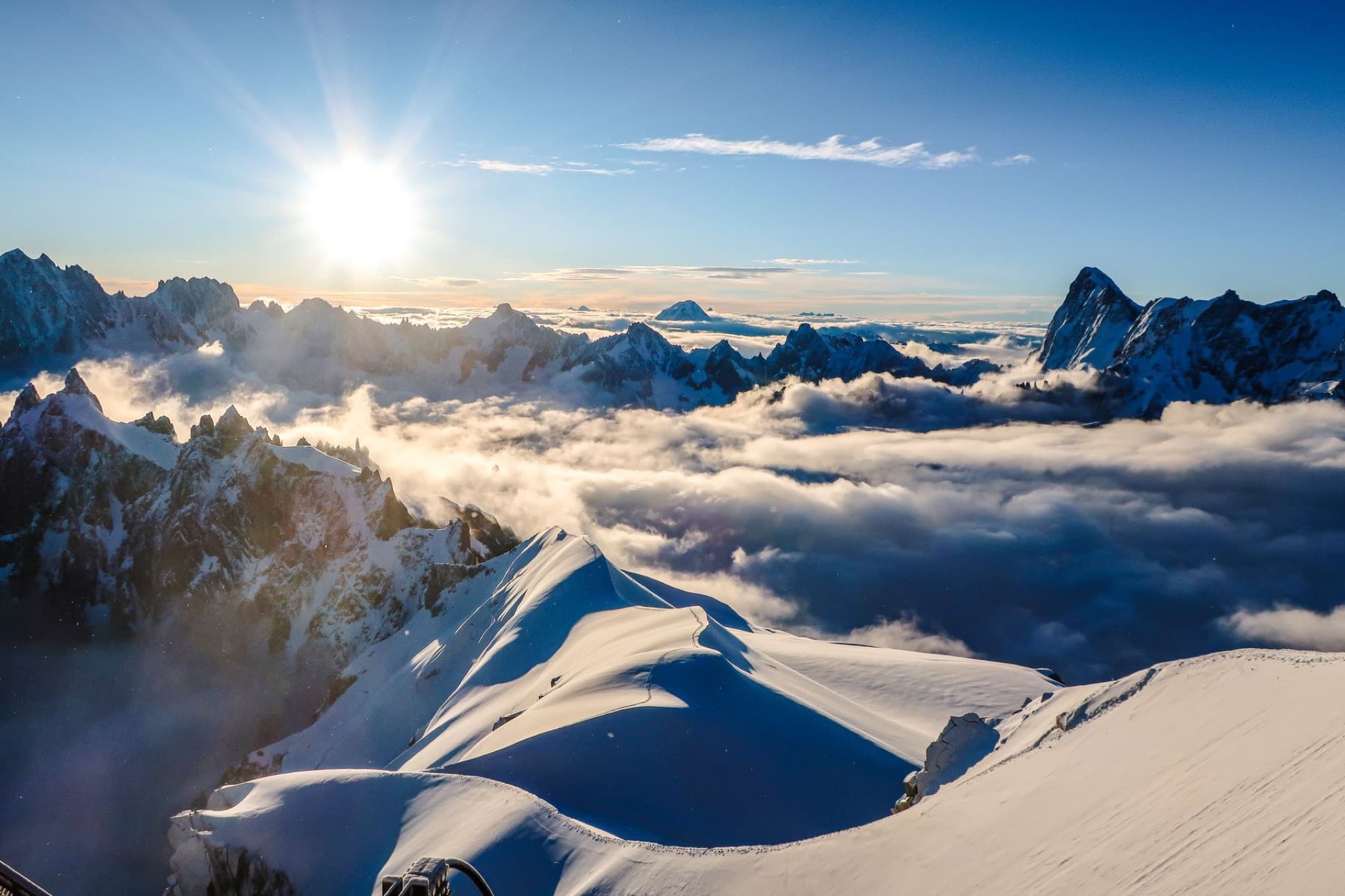 Breathtaking sunset over snow-capped peaks in Chamonix-Mont-Blanc, France. Capture nature's beauty.