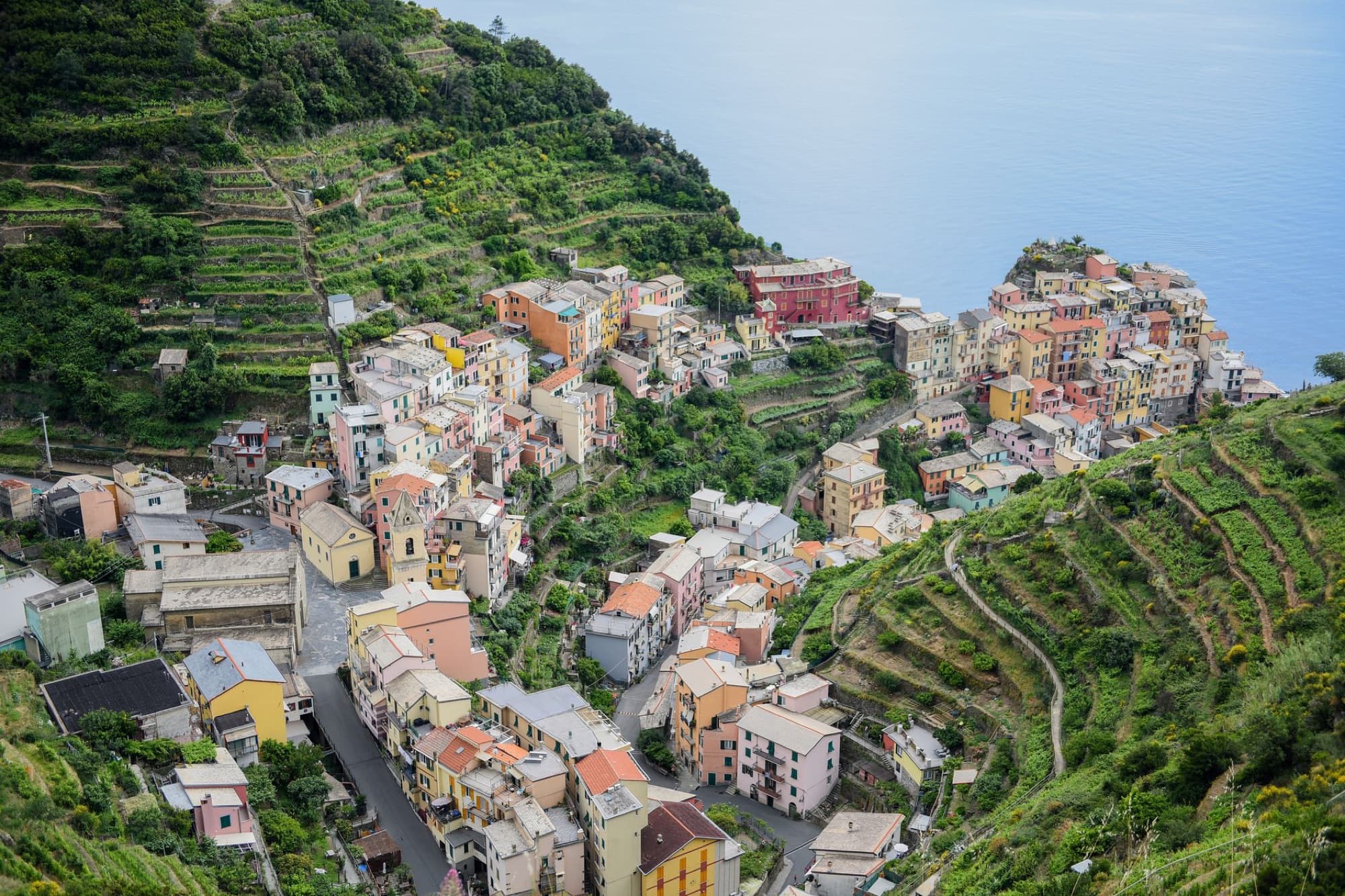 Aerial view of the colorful town of Manarola nestled on a rugged coastline in Cinque Terre, Italy.