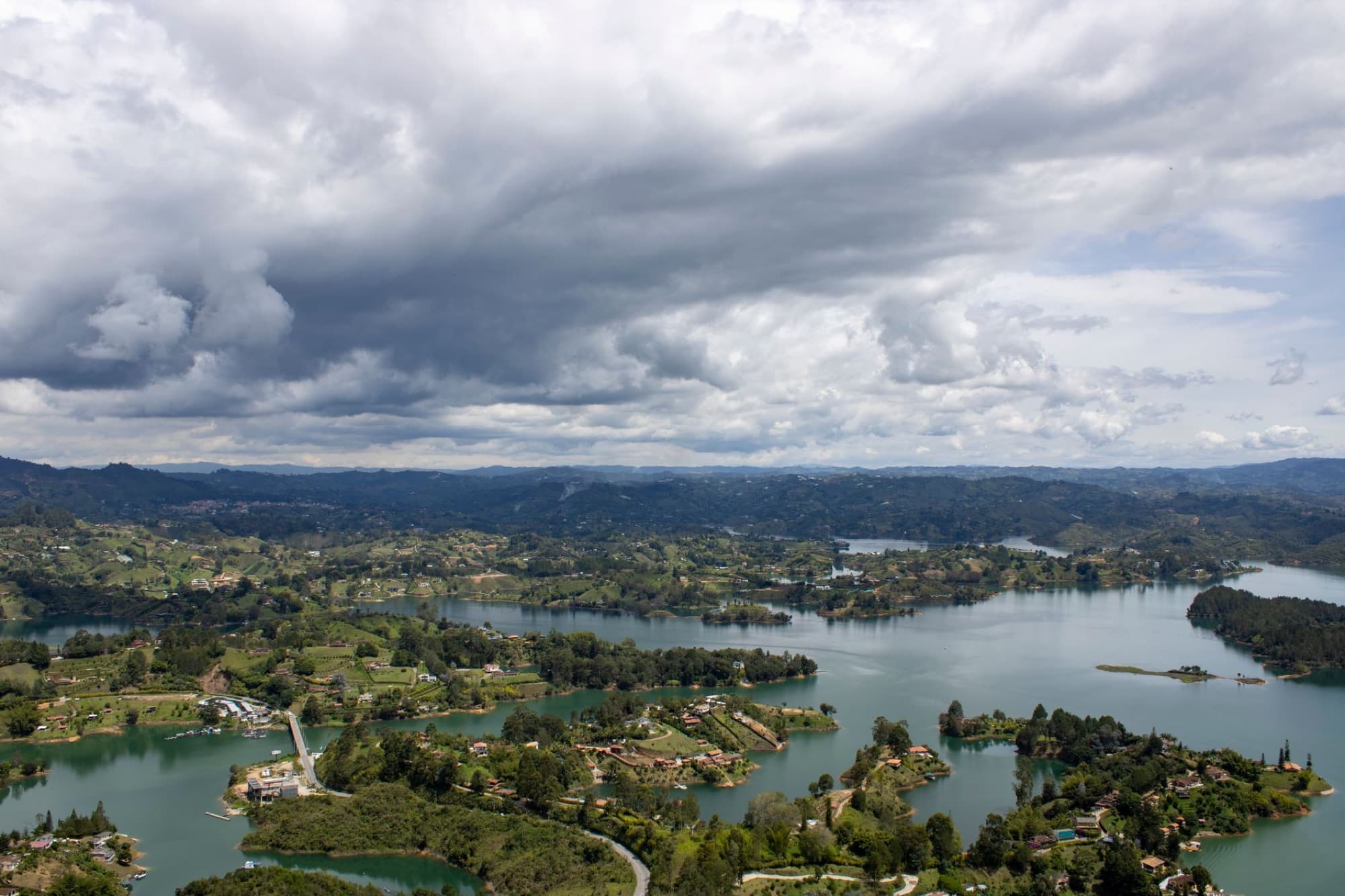 A breathtaking aerial view of Guatapé's vibrant landscape and intertwined waterways in Colombia.