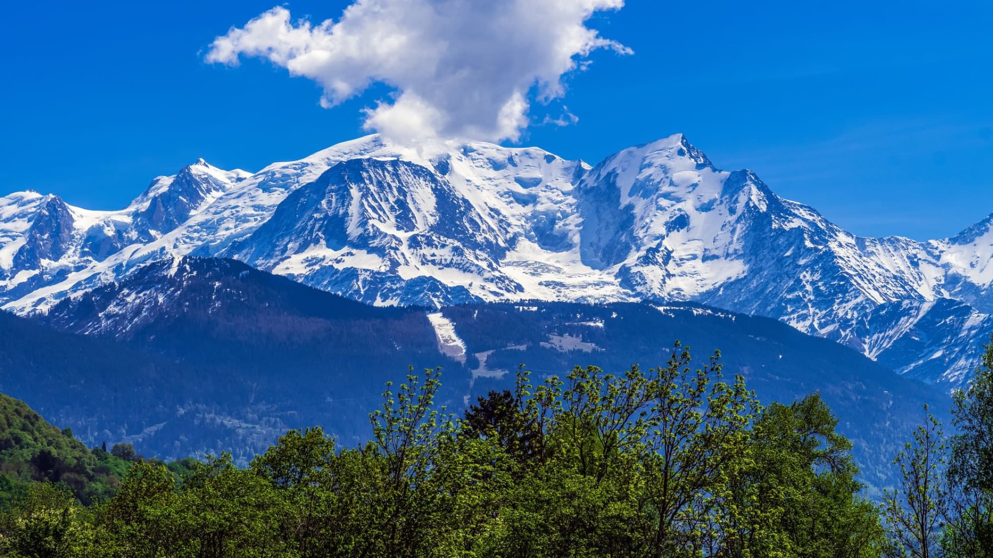 Breathtaking view of Mont Blanc with lush greenery, capturing the majestic alpine scenery in Combloux, France.