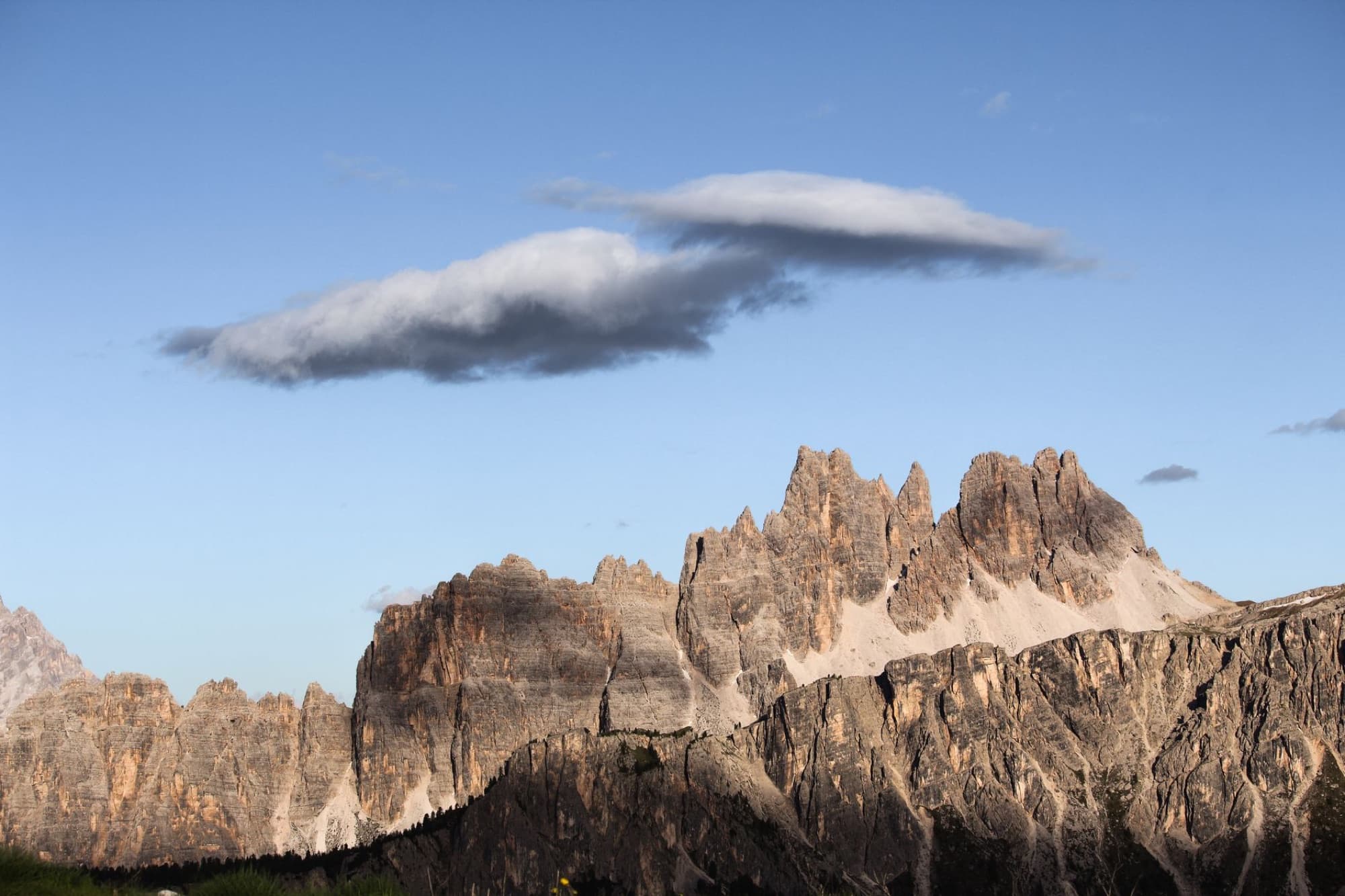 A breathtaking view of the Dolomites mountains at sunrise in Cortina d'Ampezzo, Italy.