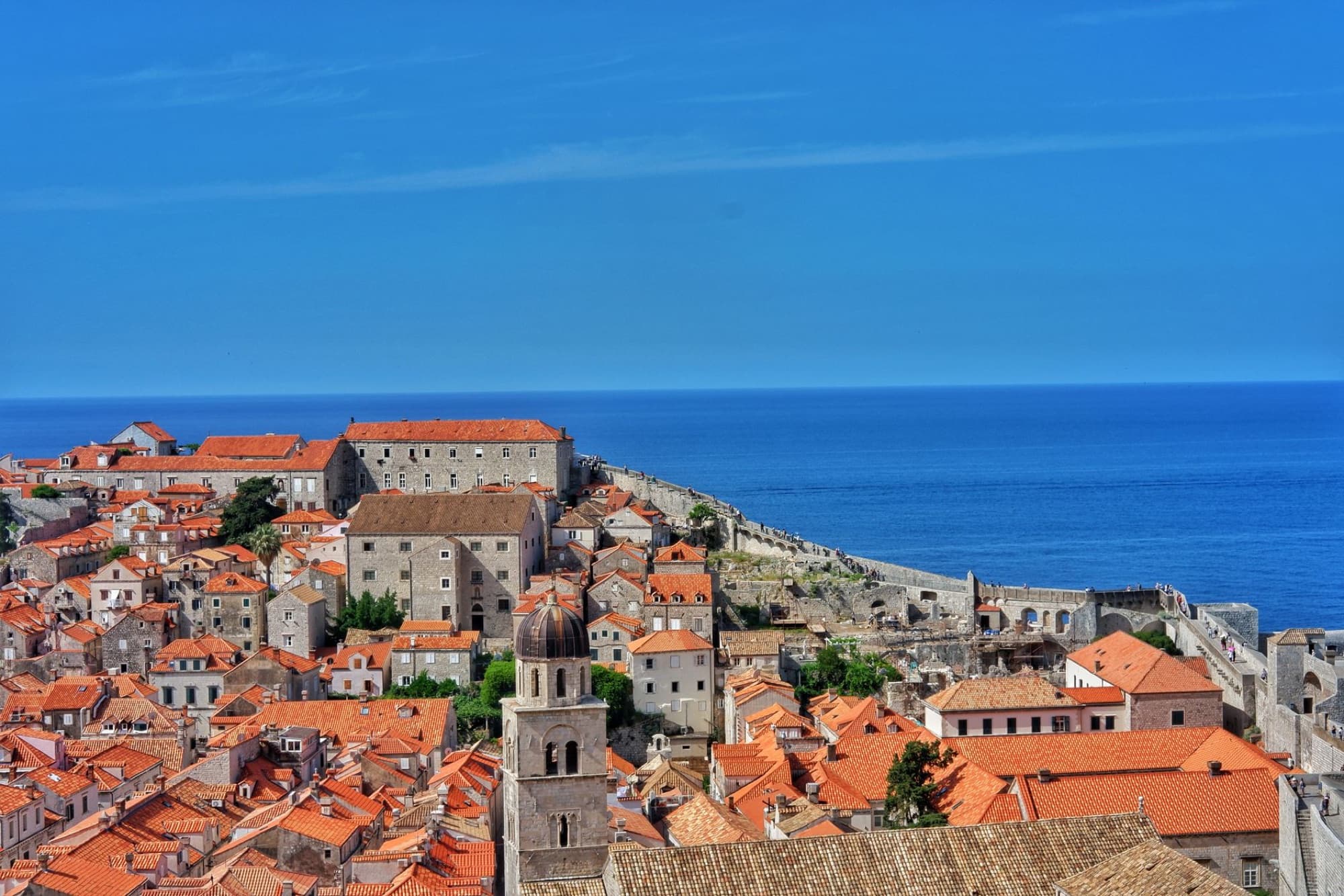 Stunning aerial view of Dubrovnik's Old Town with its iconic terracotta rooftops and the Adriatic Sea.