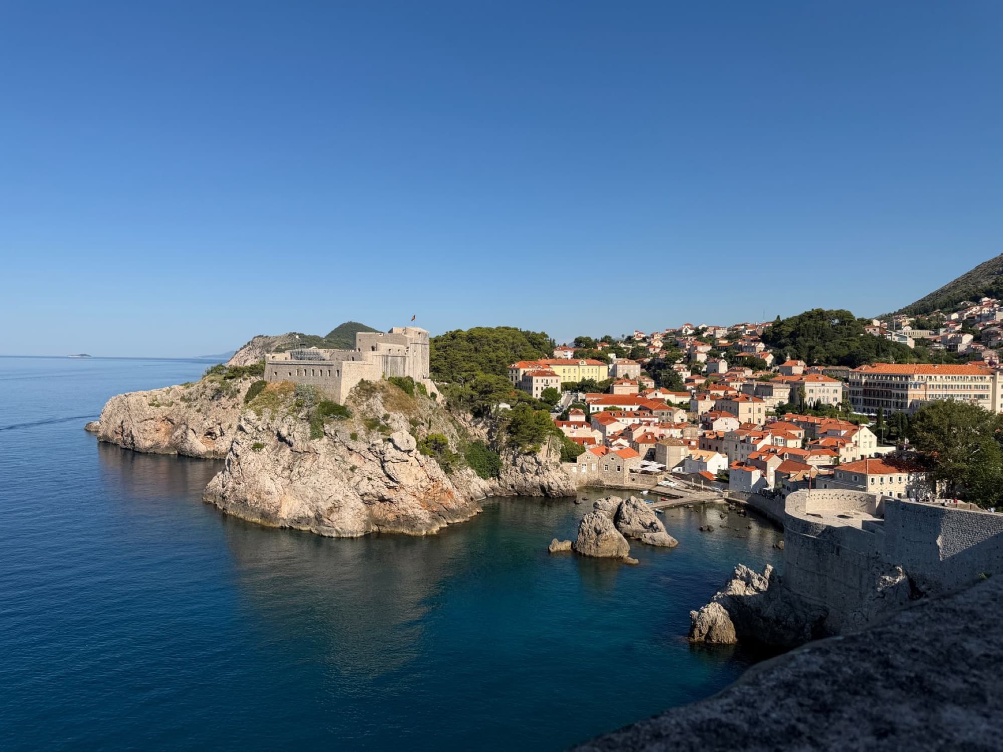 Scenic panorama of Dubrovnik's coastline featuring historic fortress and charming houses.