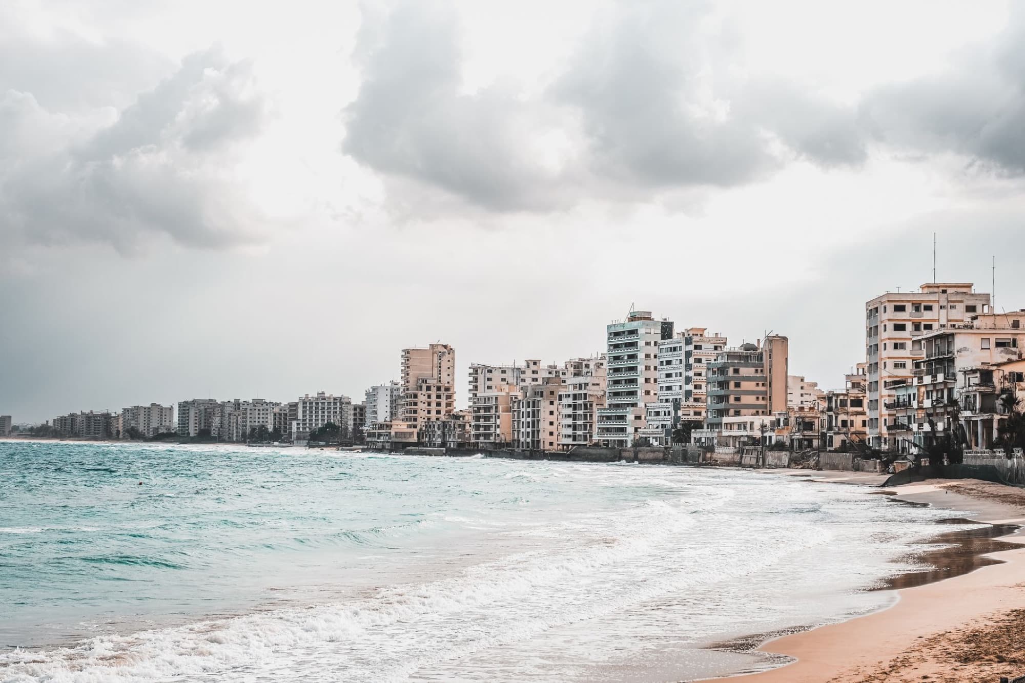 Dramatic view of abandoned buildings along the seashore in Famagusta, Cyprus.