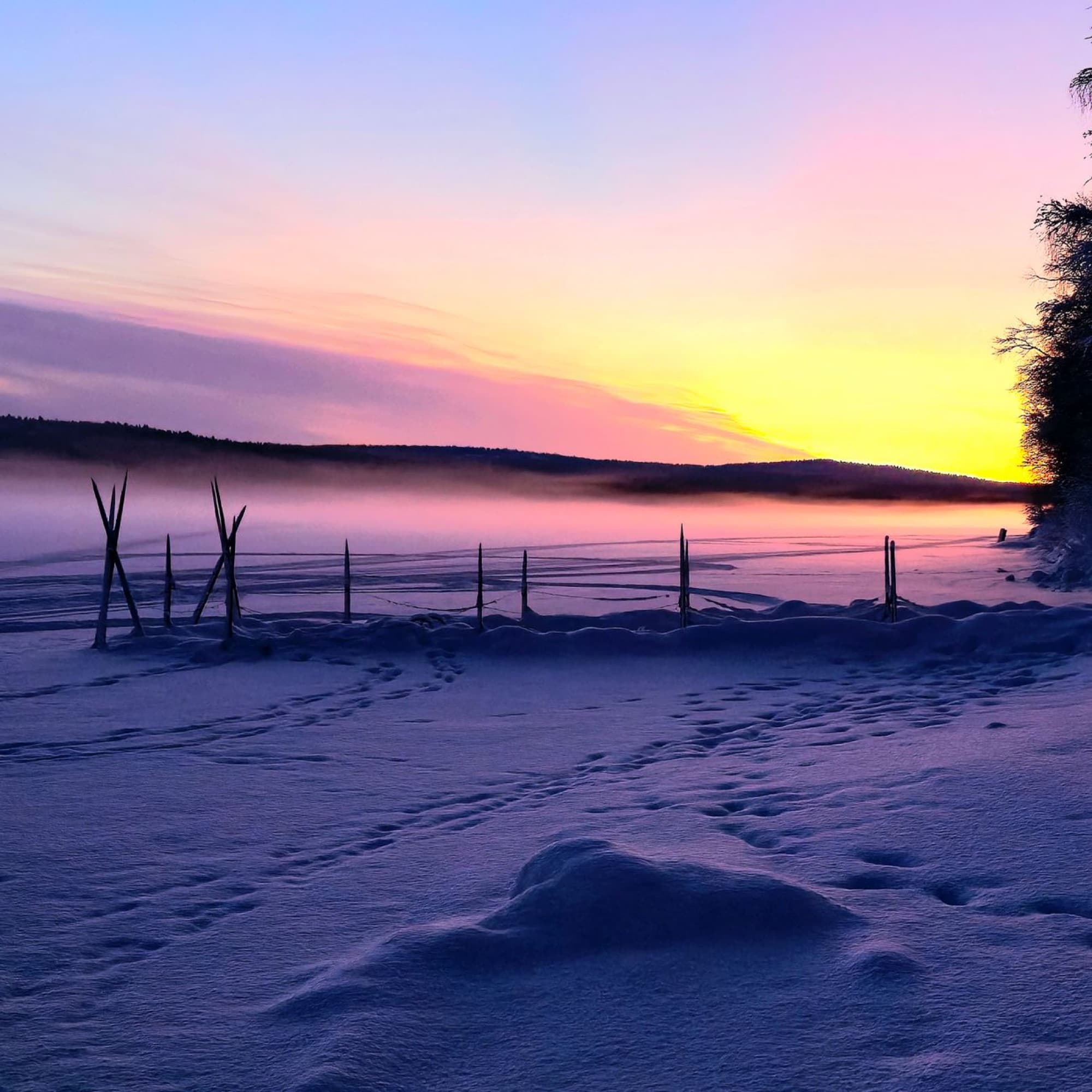 Breathtaking view of a winter sunrise over snowy landscape in Lapland, Finland.