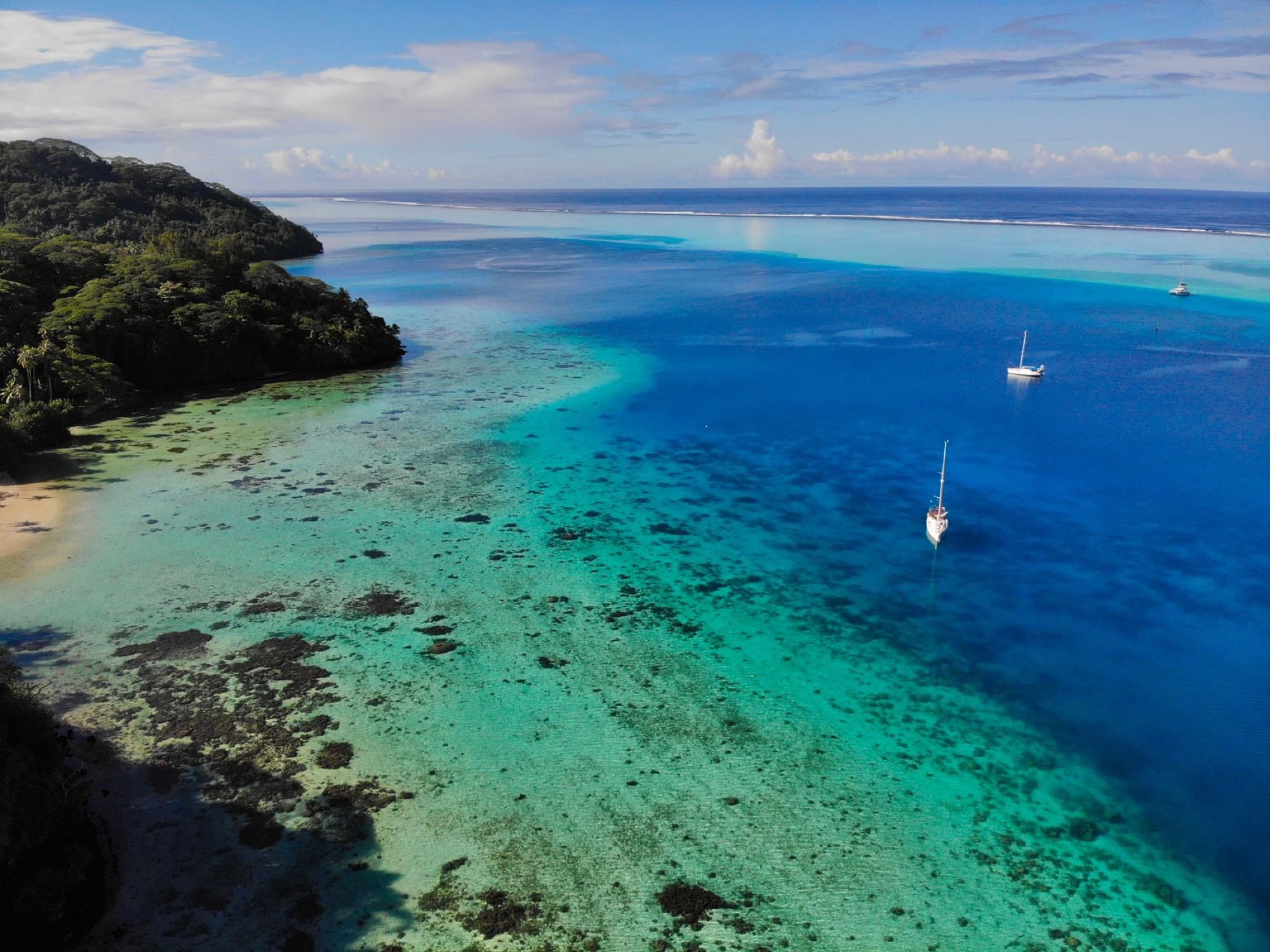 A breathtaking aerial view of the vibrant waters and lush coastline of the Windward Islands in French Polynesia.