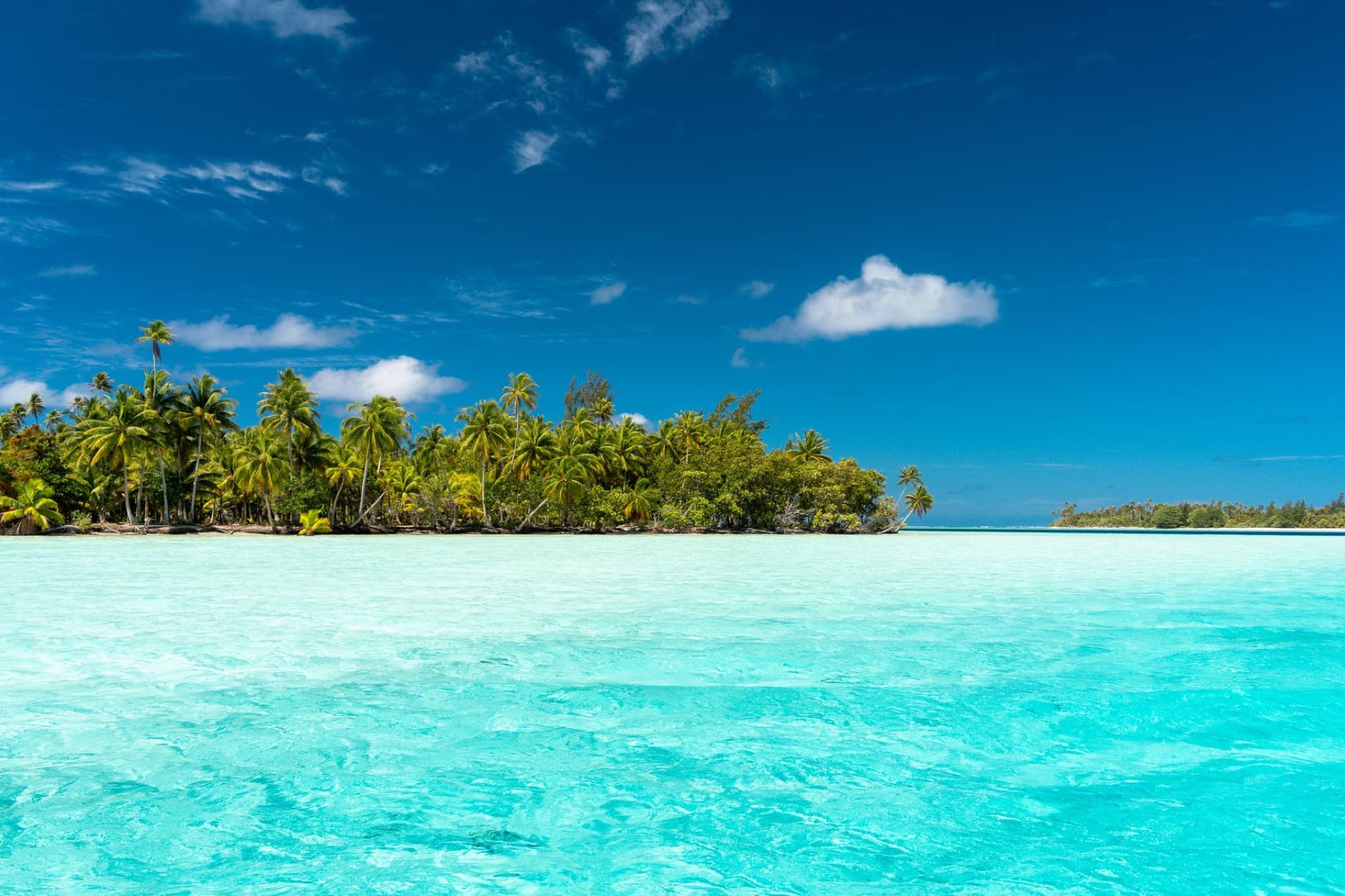 Stunning tropical island Huahine with turquoise water and coconut trees in French Polynesia.