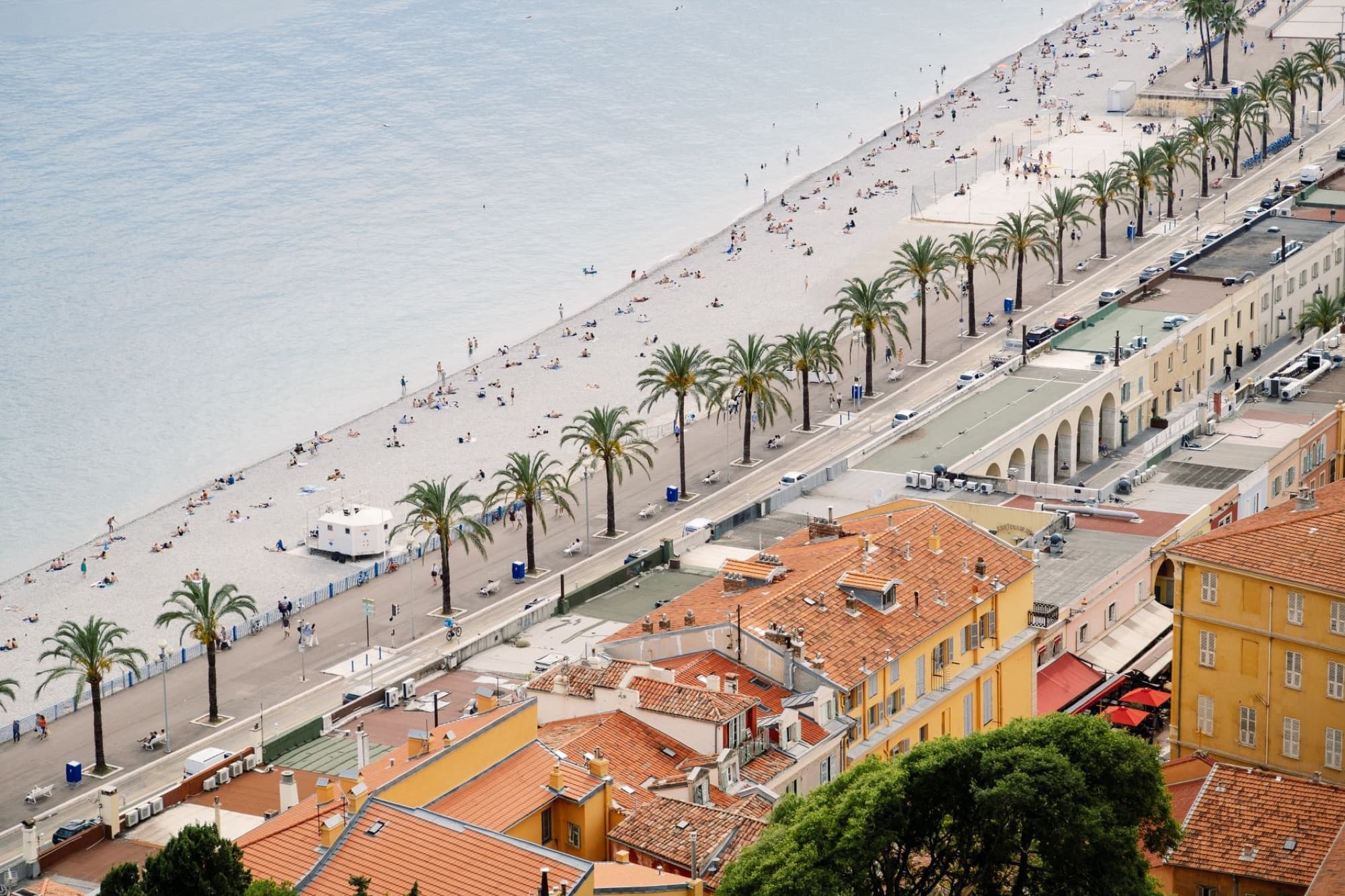 Aerial perspective of Nice, French Riviera, featuring beach, palm trees, and rooftops.