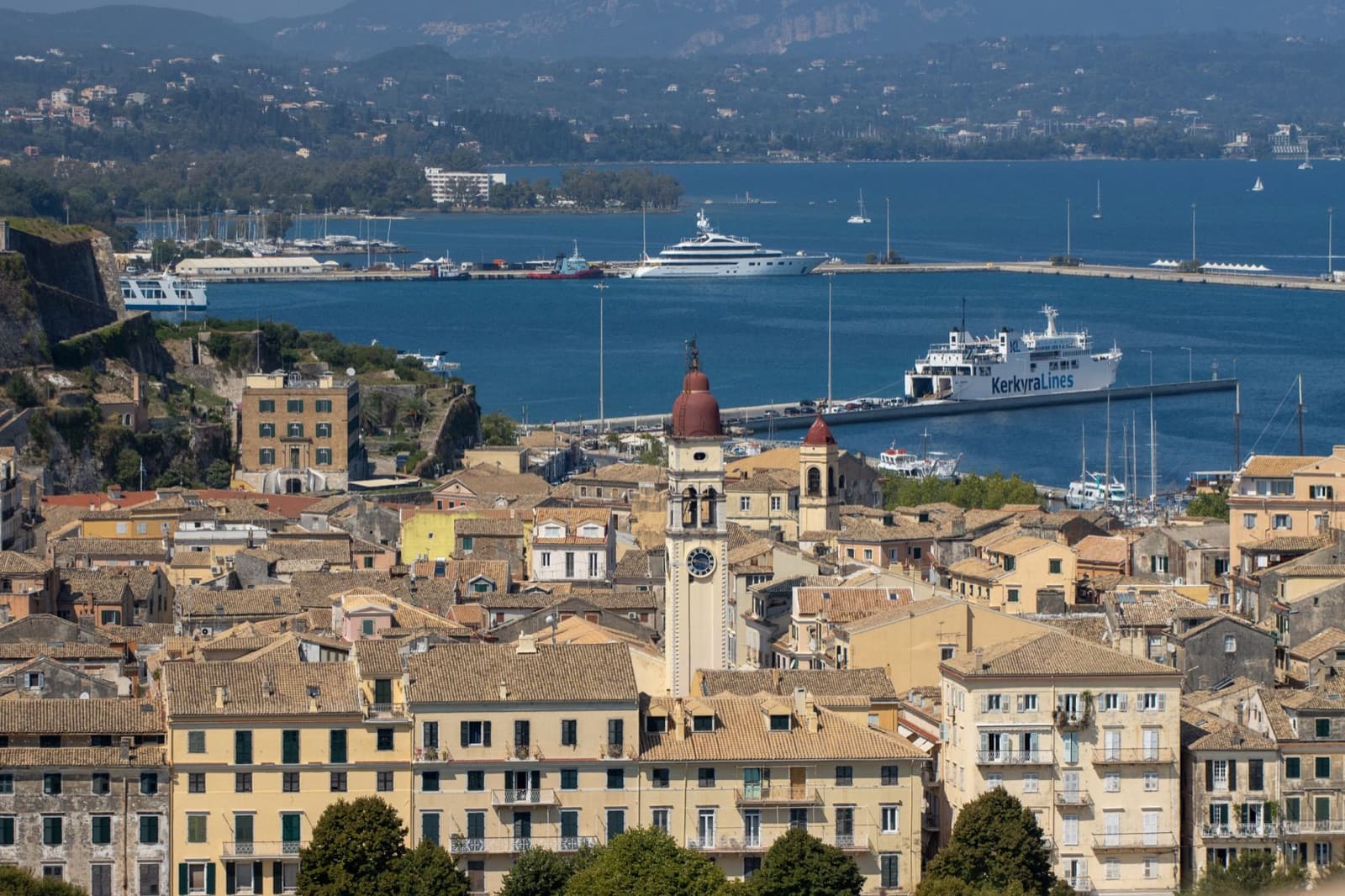 Beautiful aerial view of Corfu Town with historic architecture and harbor in Greece.