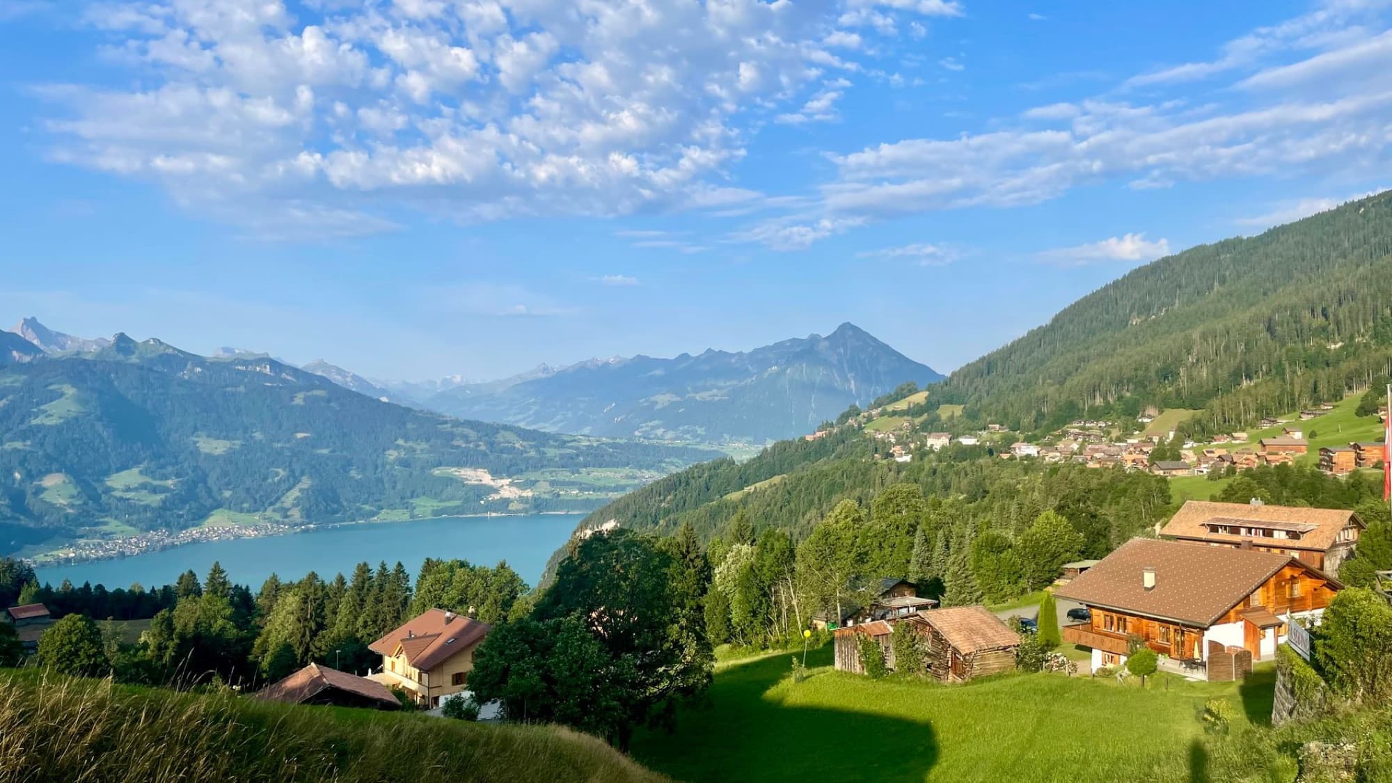Beautiful Swiss landscape featuring mountains, a lake, and picturesque village homes.
