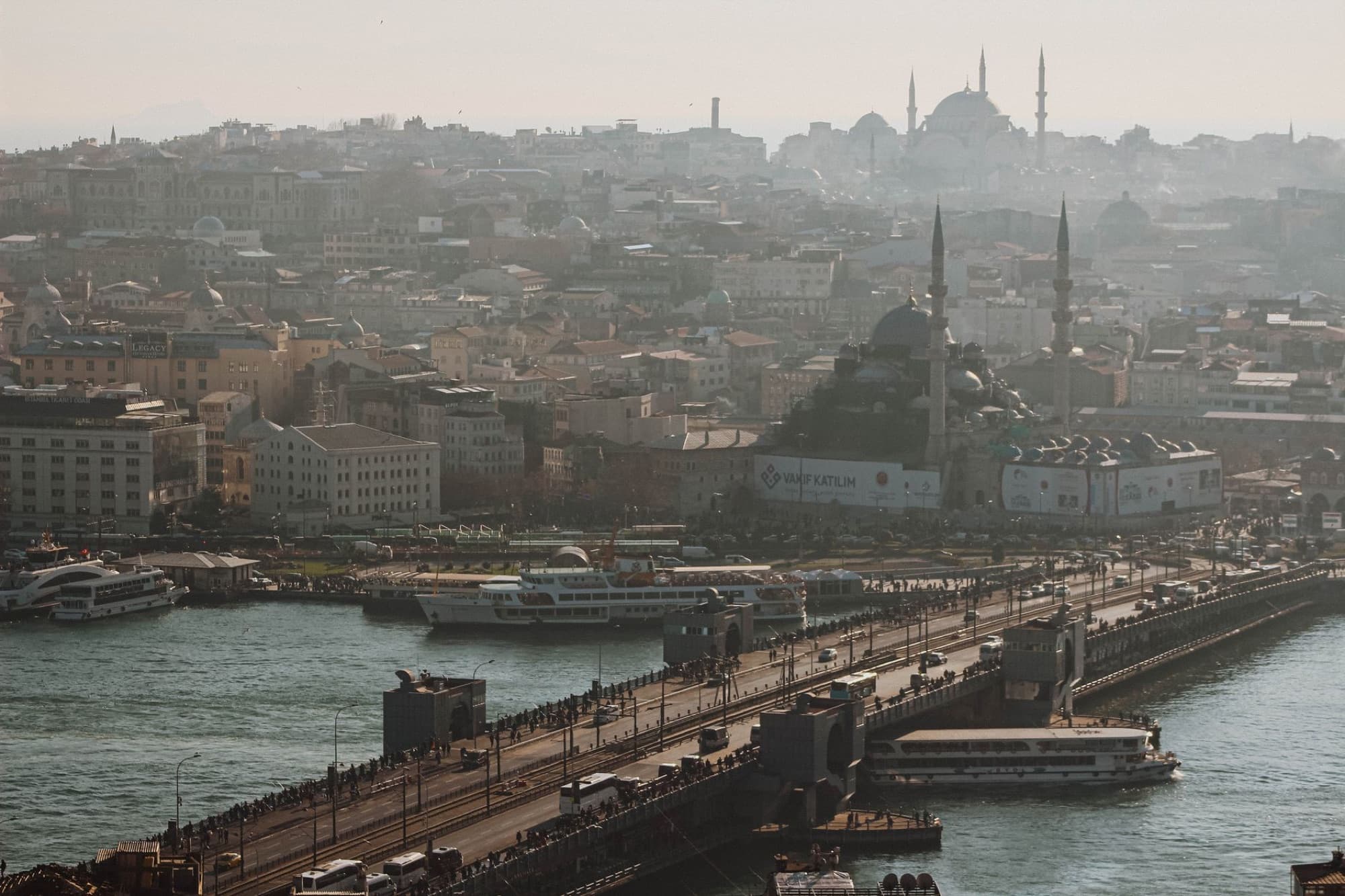 Stunning aerial view of the bustling Galata Bridge connecting city landmarks in Istanbul, Turkey.