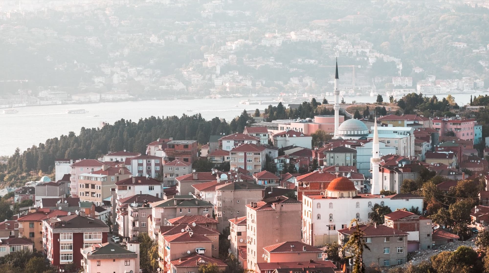 Aerial view of Istanbul showcasing urban landscape with iconic Ottoman architecture and mosque.