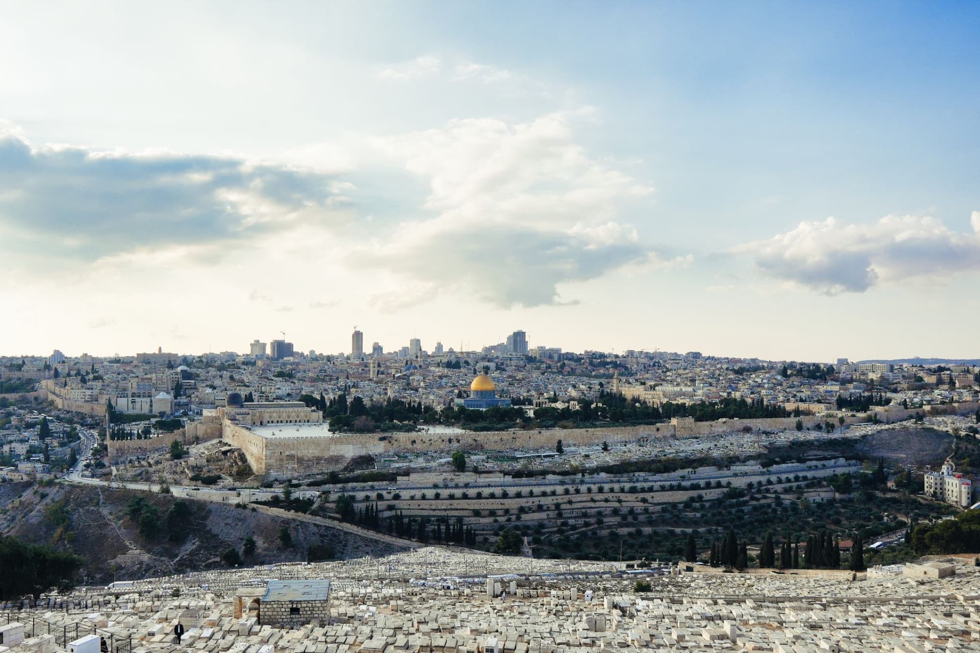A breathtaking aerial view capturing Jerusalem's historic skyline and iconic landmarks under a bright sky.