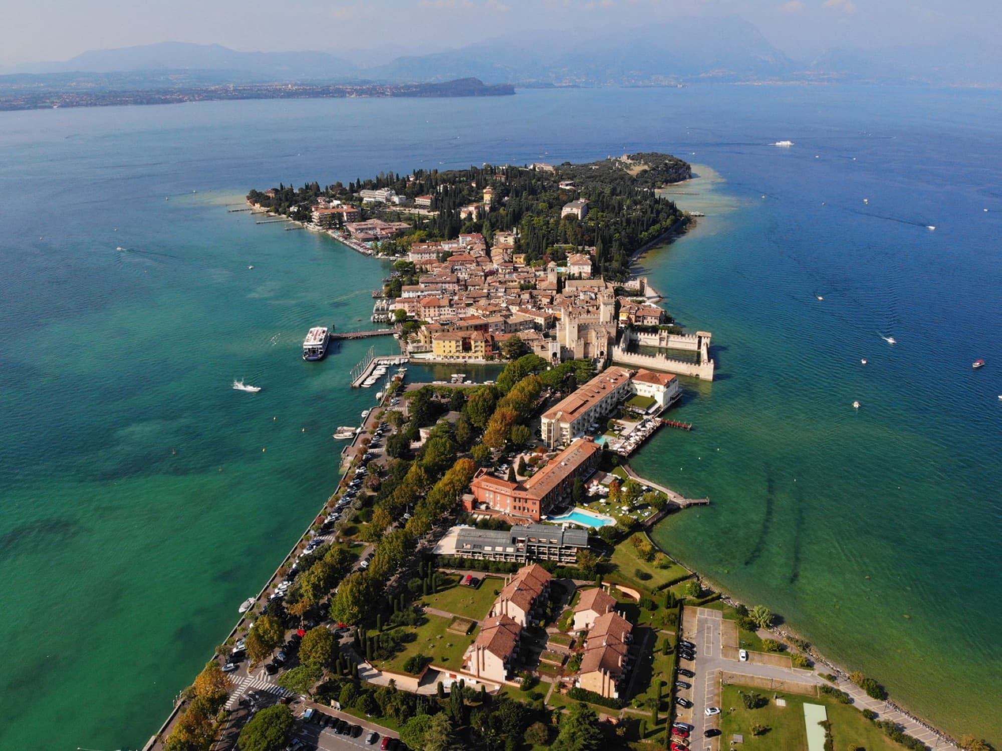 Scenic aerial photograph of Sirmione, a picturesque town on Lake Garda in Italy.