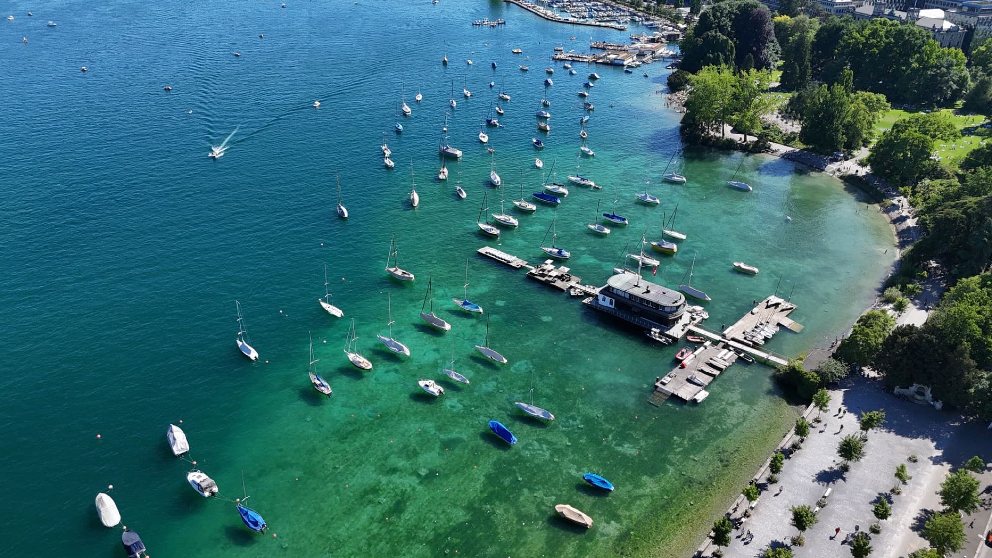 Scenic aerial shot of boats docked on Lake Zurich, surrounded by lush greenery on a sunny day.