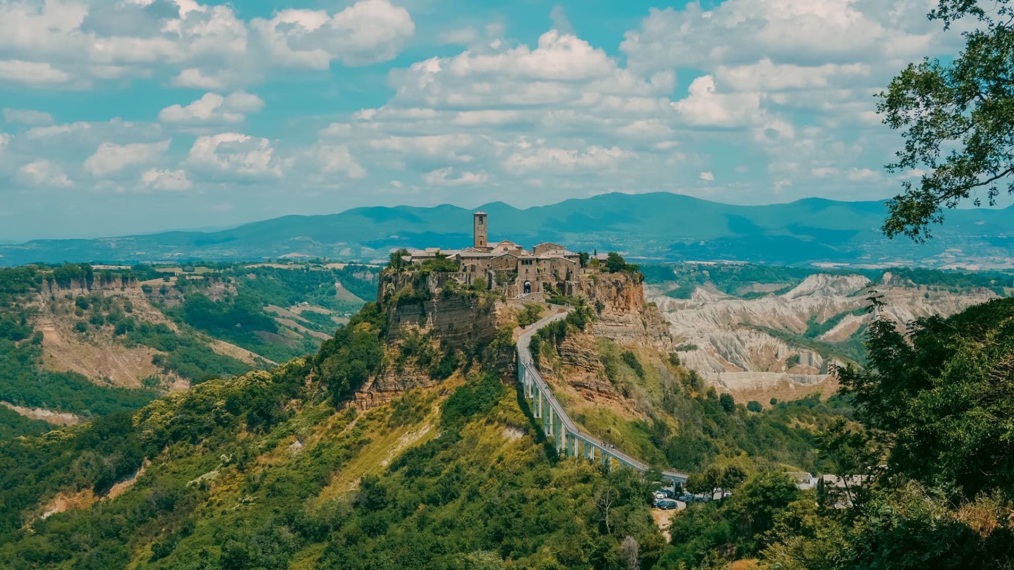 View of the picturesque Civita di Bagnoregio nestled on a hilltop in Italy's Lazio region.