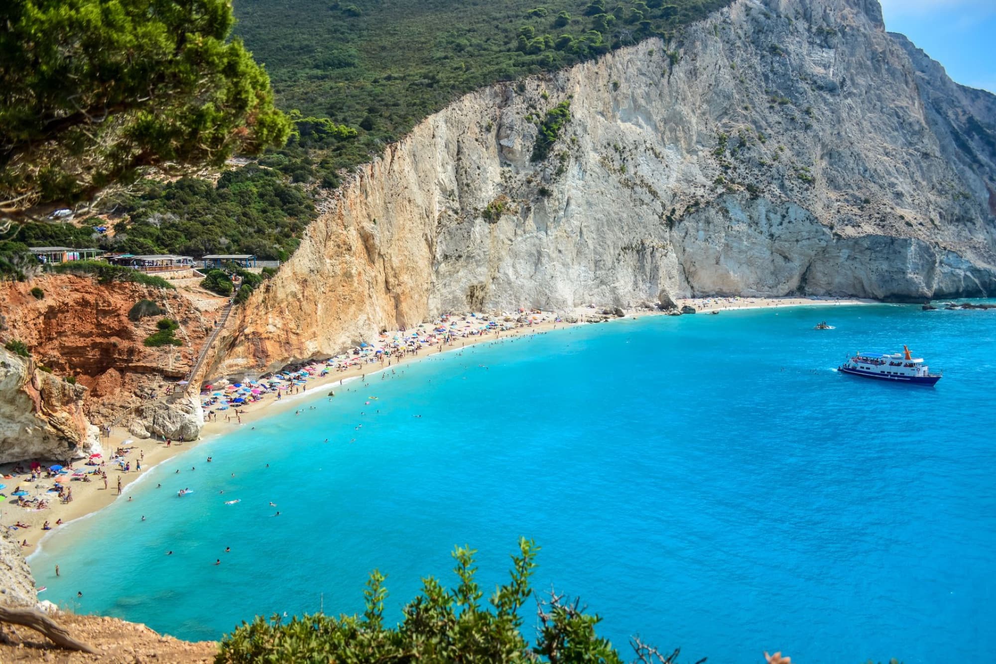 Aerial view of the stunning Porto Katsiki beach with turquoise waters and cliffs in Lefkada, Greece.