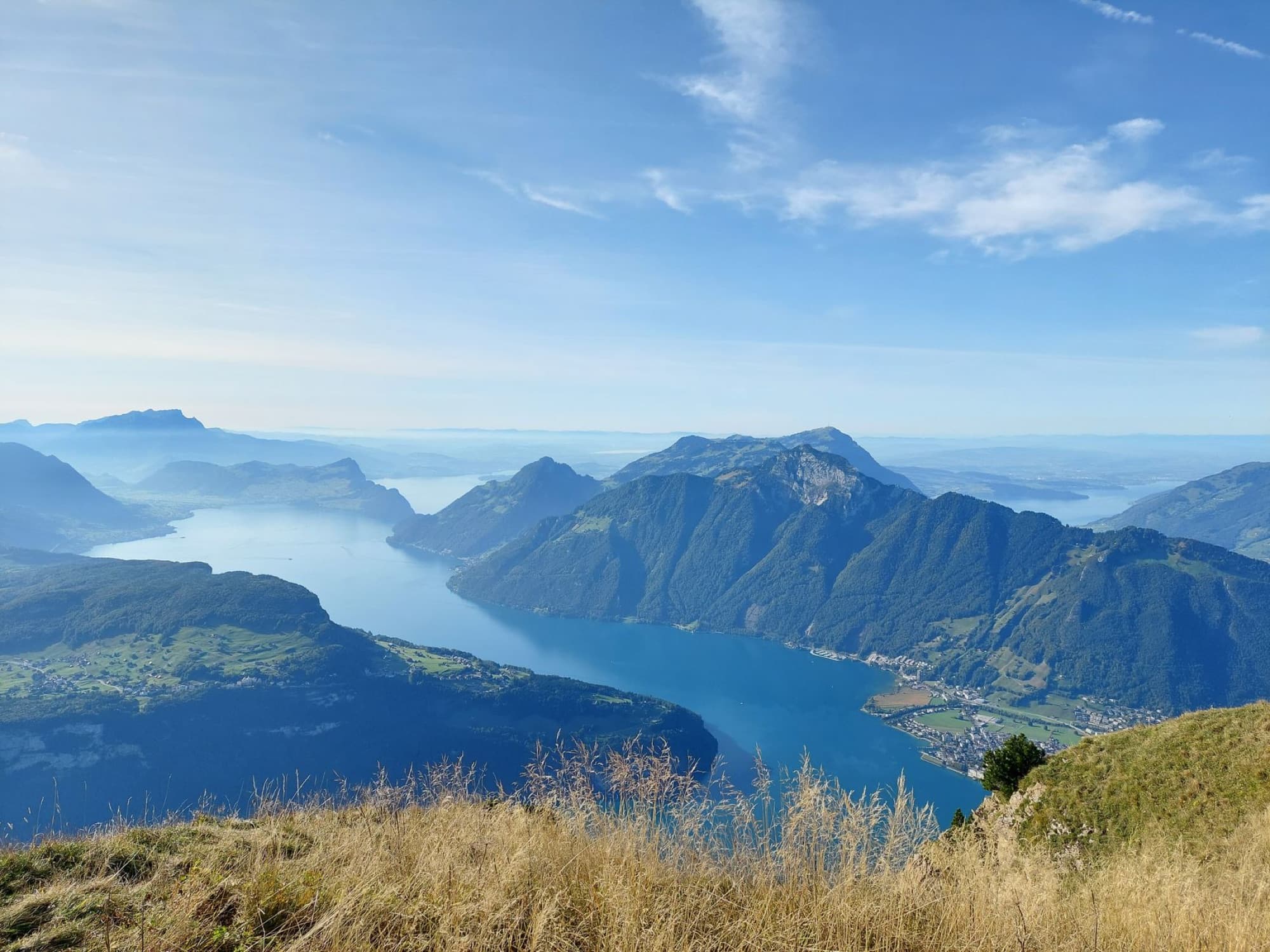 Breathtaking aerial view of Lake Lucerne surrounded by lush Swiss mountains under a clear blue sky.