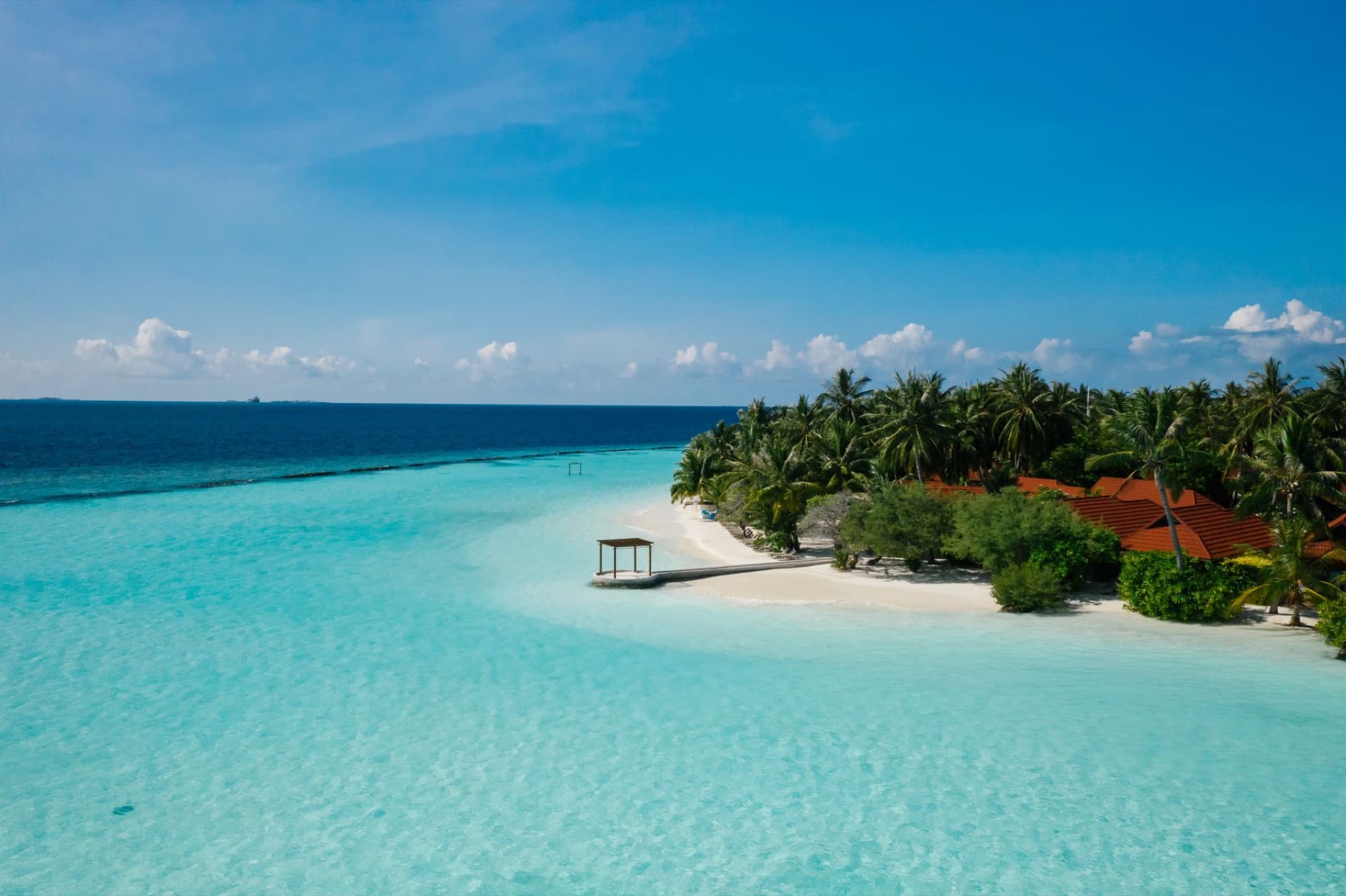 Stunning aerial photo showcasing a pristine beach and turquoise waters in the Maldives.