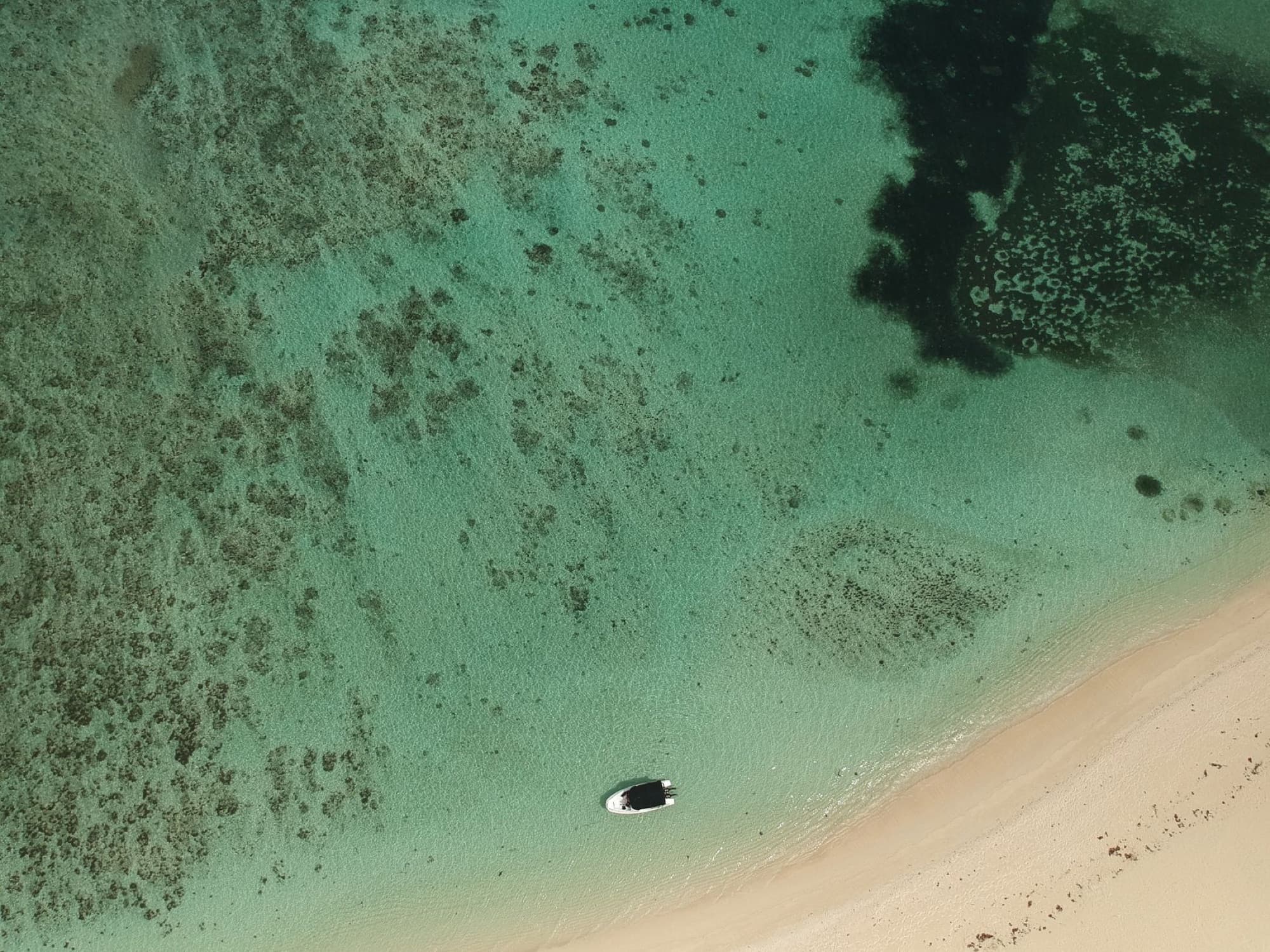 Aerial shot of a scenic beach with clear waters and a boat in Le Morne, Mauritius.