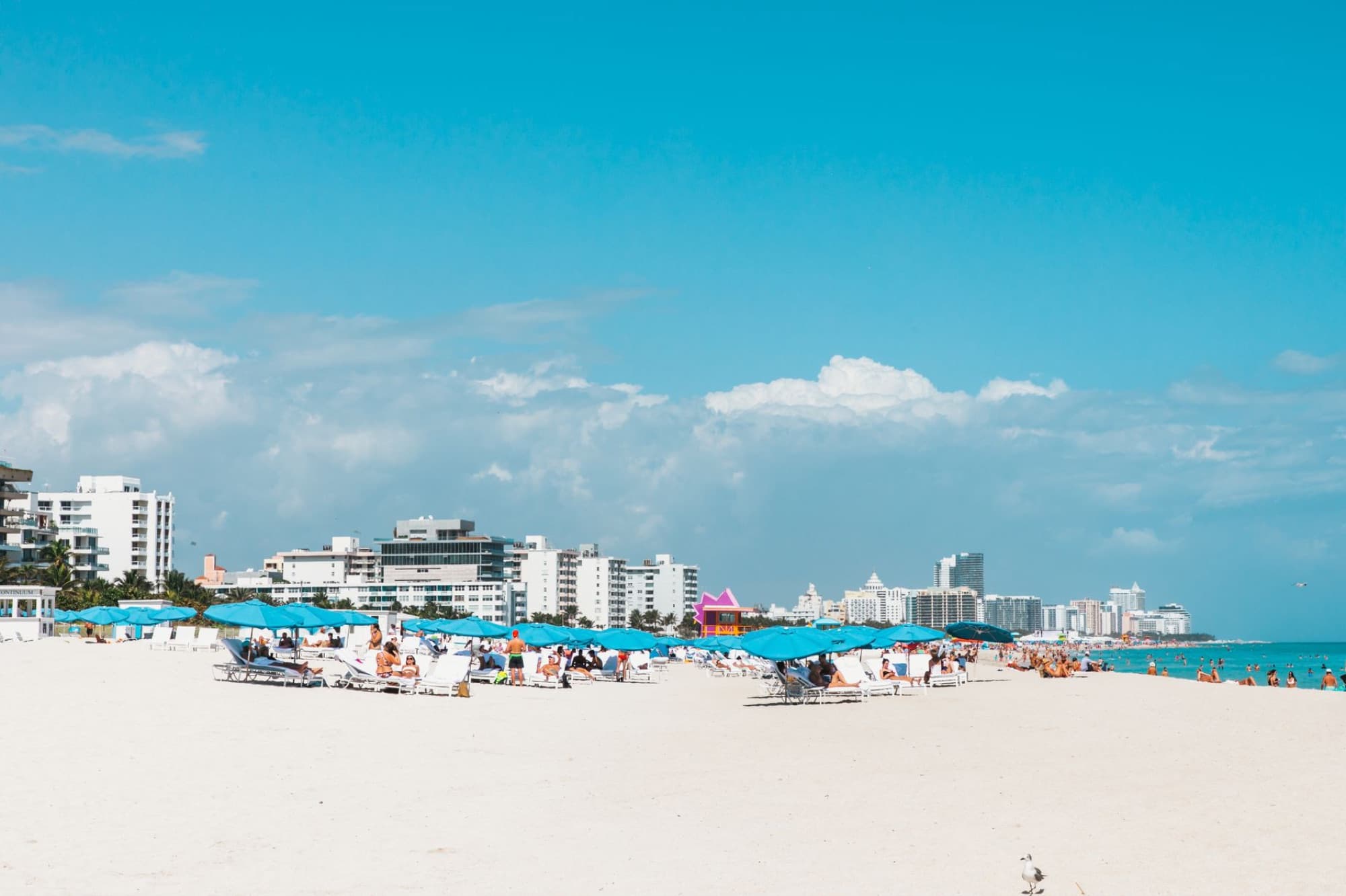 Vibrant Miami Beach scene with blue umbrellas and city skyline under a sunny sky.