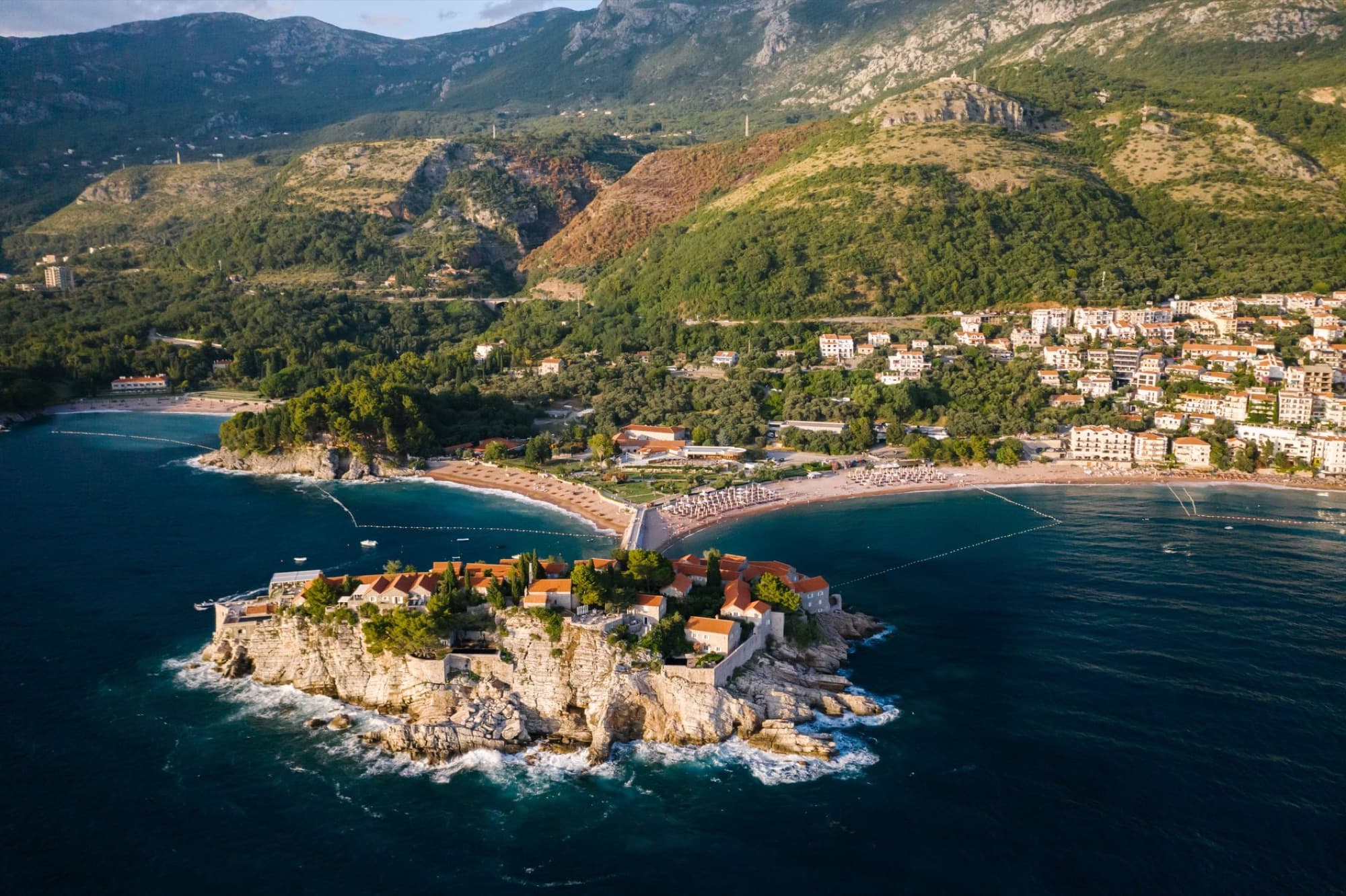 A breathtaking aerial view showcasing Montenegro's scenic St. Stephen's Island with coastal beauty.