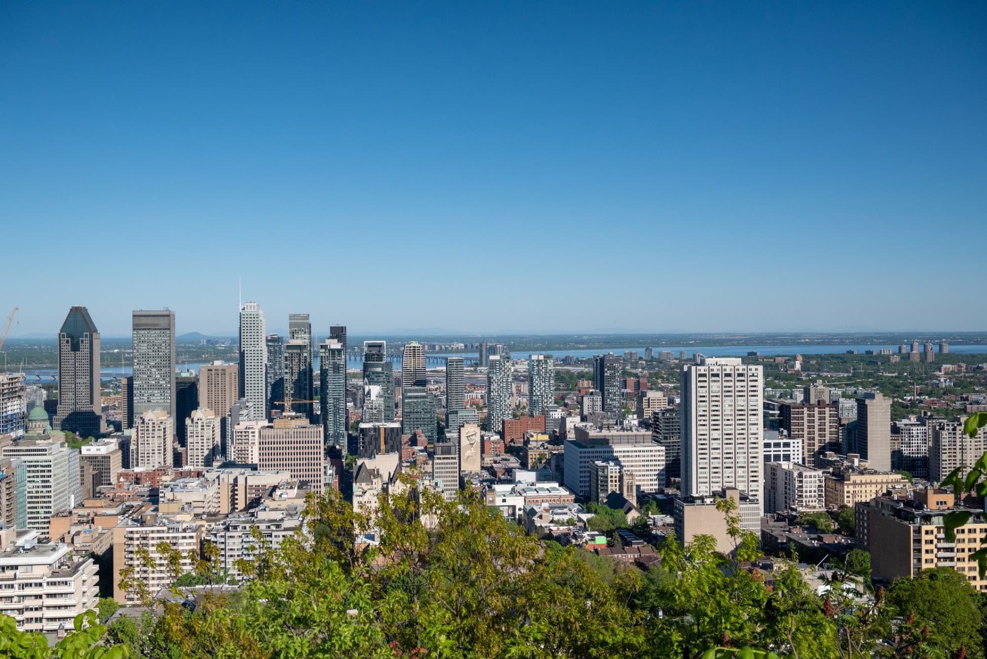 Aerial view of Montreal's skyline featuring iconic skyscrapers and urban landscape on a clear day.