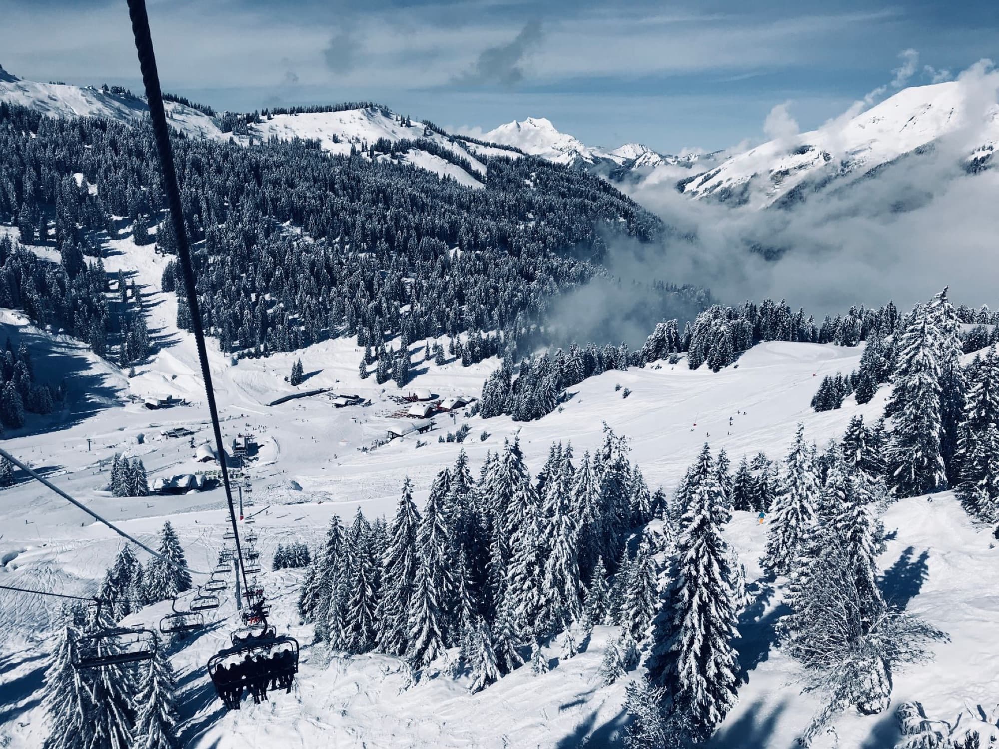 A breathtaking view of ski slopes and snowy peaks in Morzine, France, captured during winter.