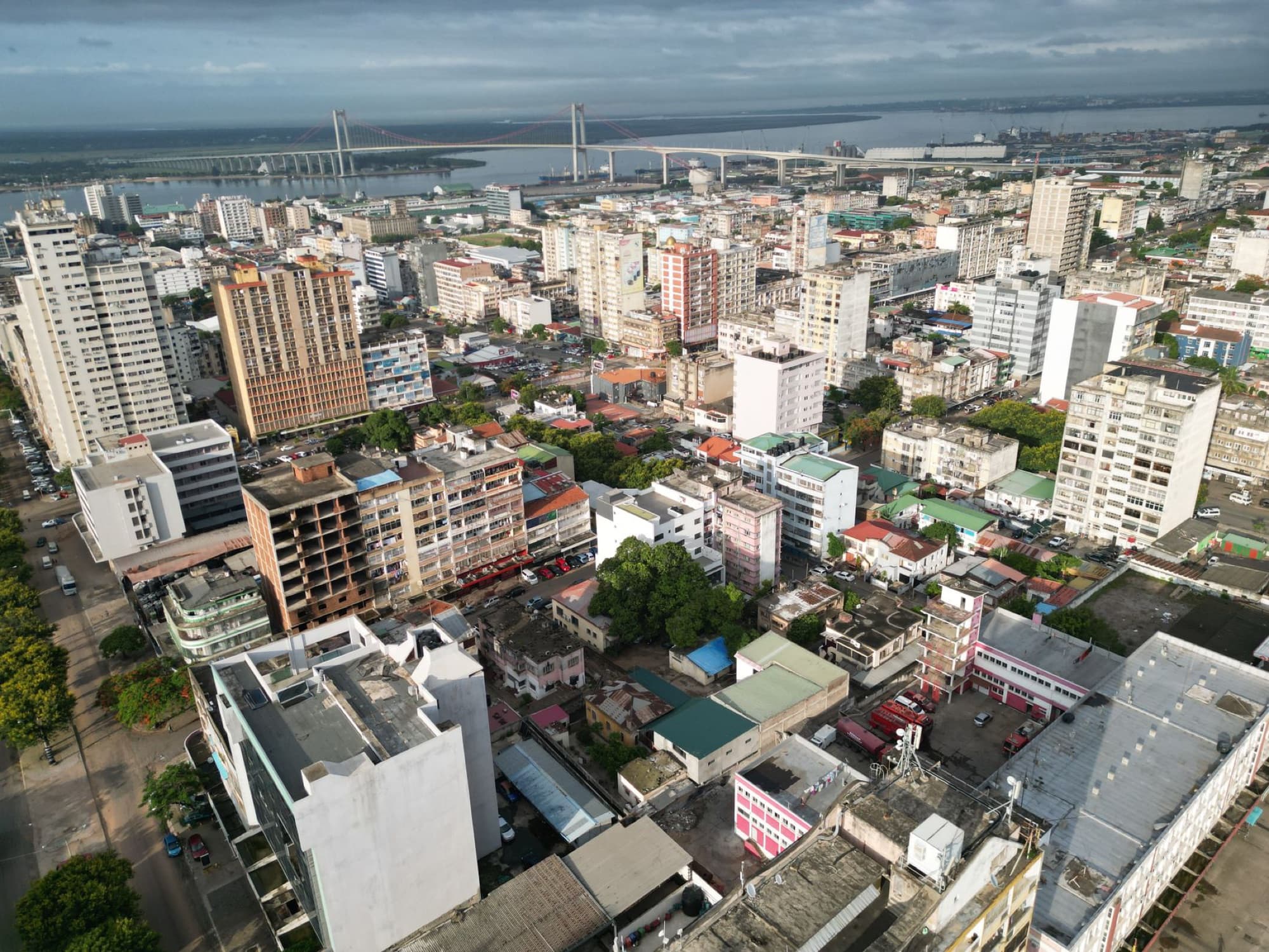 Stunning aerial view of Maputo, Mozambique, featuring city buildings and the iconic bridge.