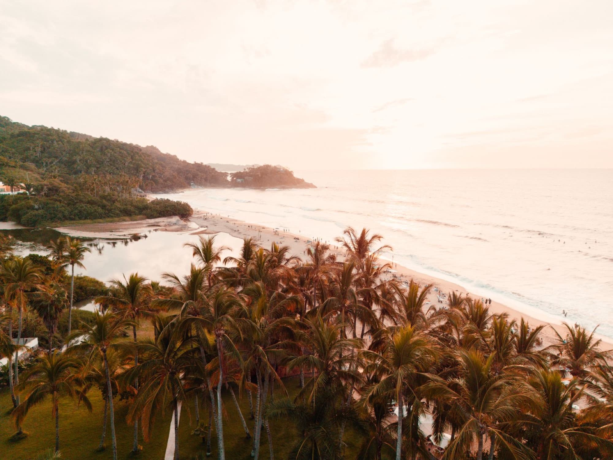 Stunning aerial view of San Francisco beach in Nayarit, Mexico, captured at sunset.