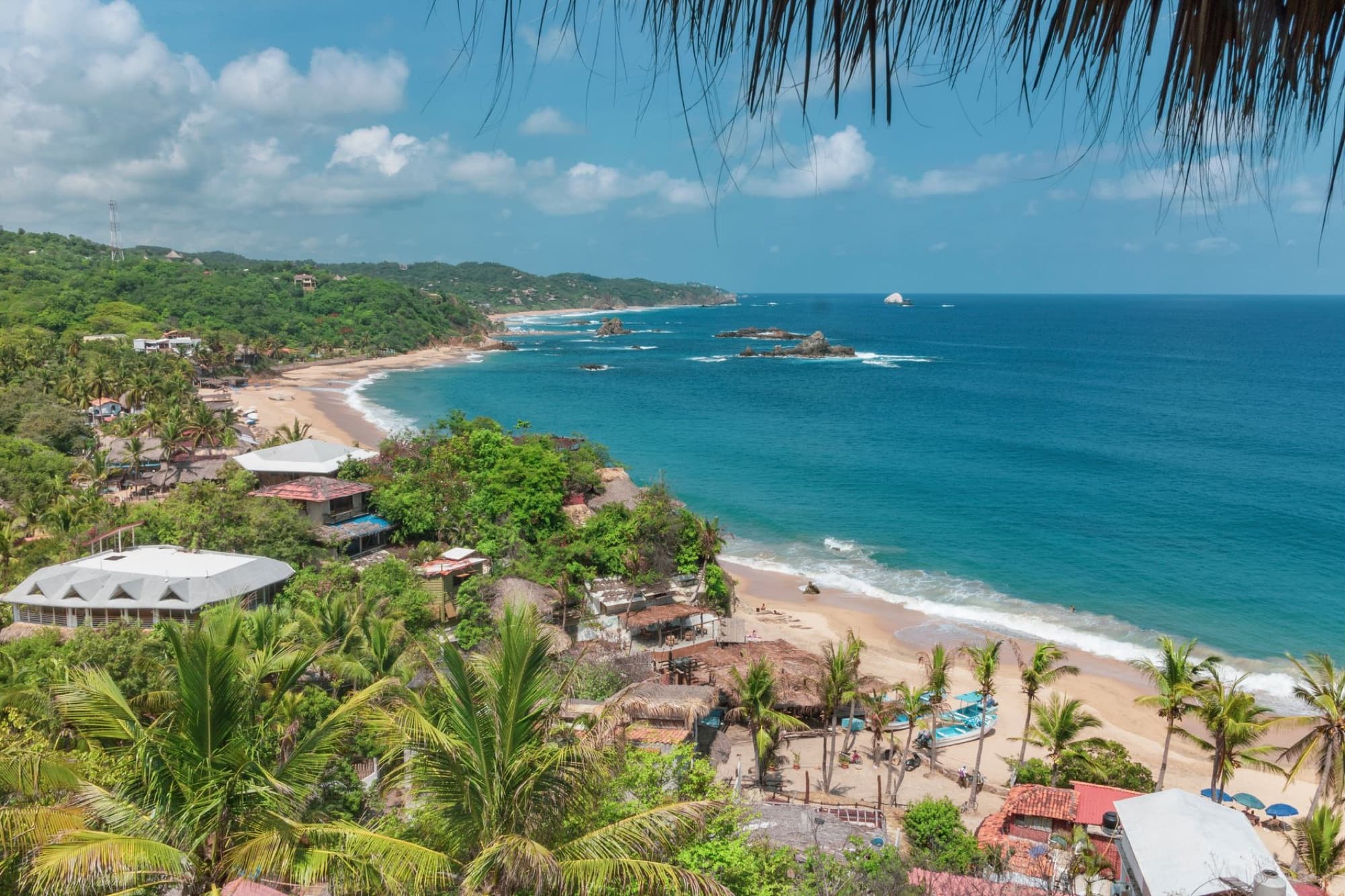 A stunning aerial view of Mazunte Beach's coastline in Oaxaca, Mexico.