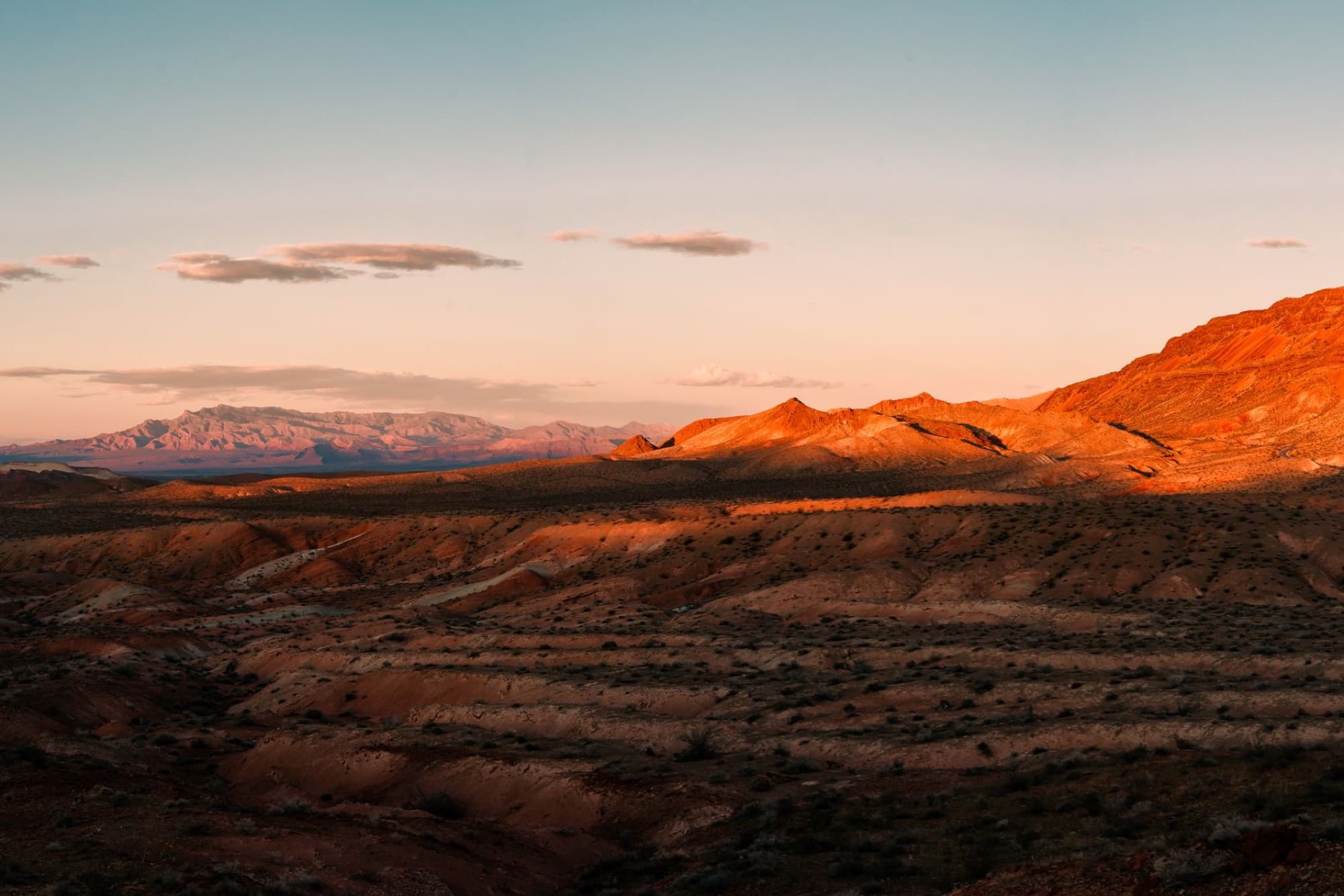 Captivating view of the desert landscape in Moapa Valley, Nevada at sunset.