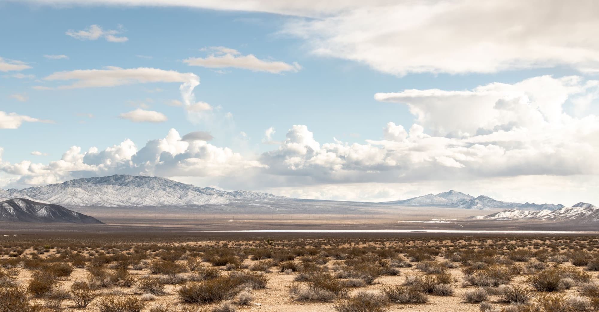 Scenic view of Nevada's desert landscape with distant mountain range under a cloudy sky.
