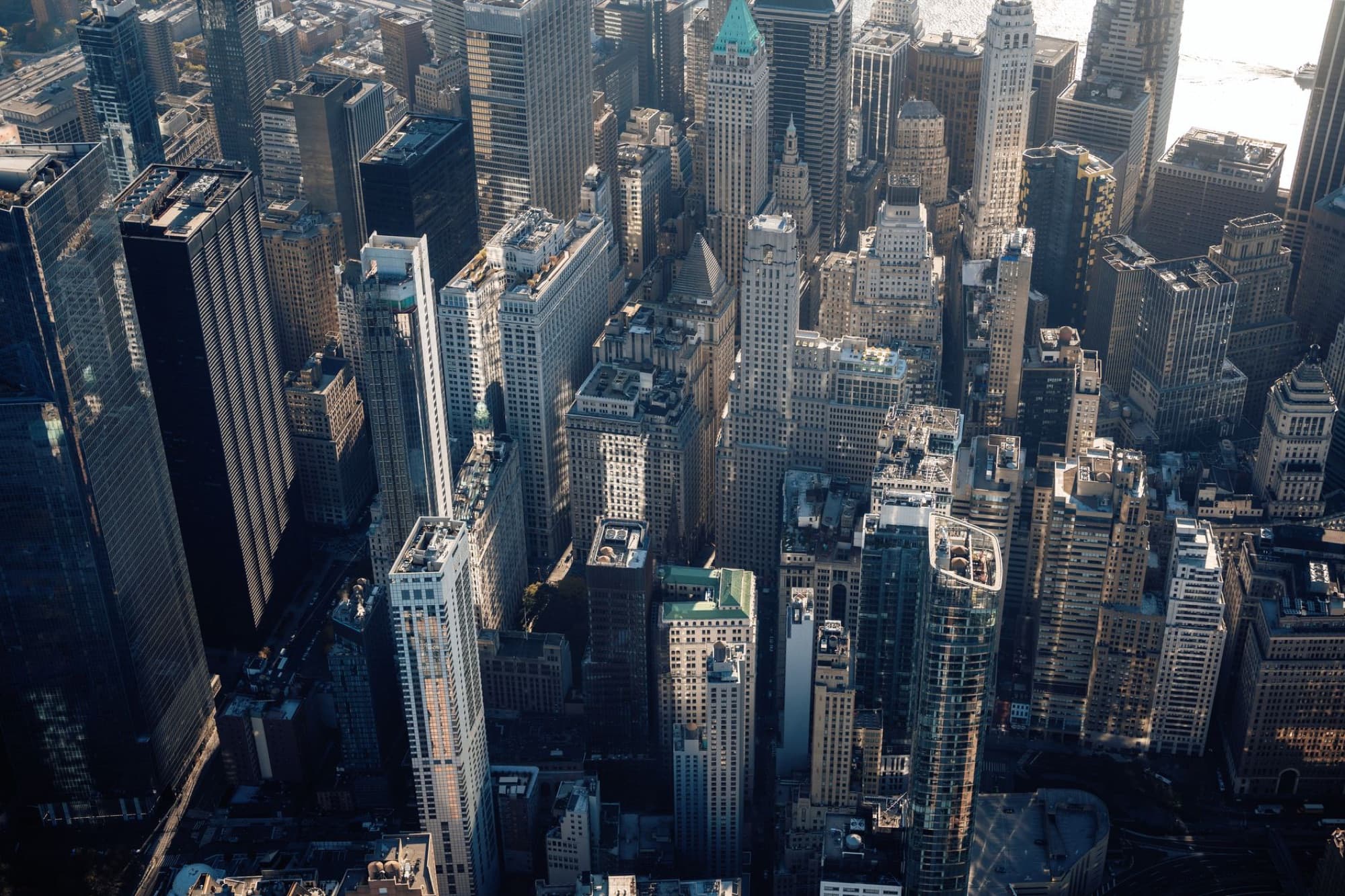 Aerial view capturing the intricate skyline of New York City, showcasing its iconic skyscrapers.