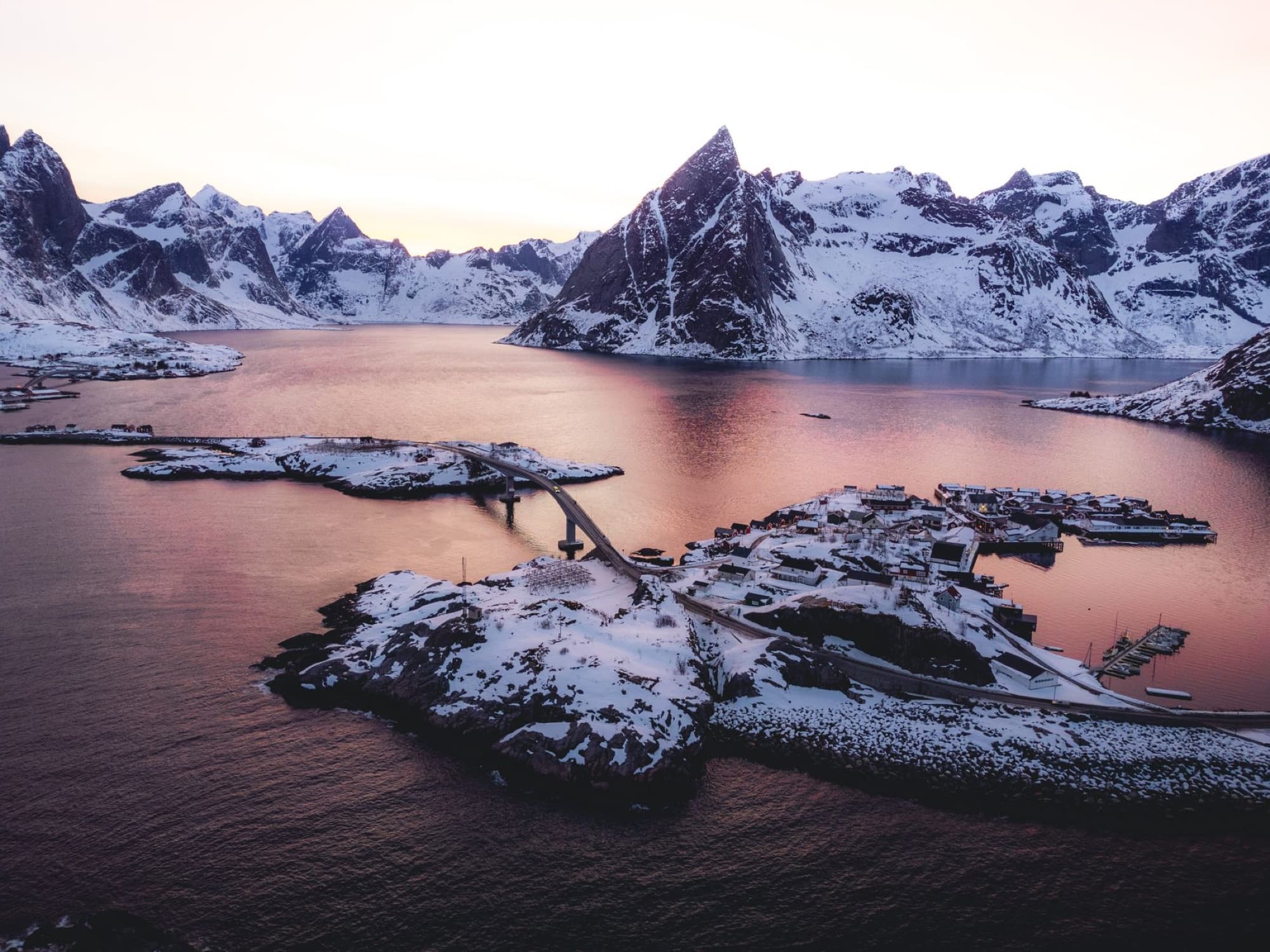 Breathtaking aerial shot of Hamnøy village during a winter sunset in Lofoten, Norway.