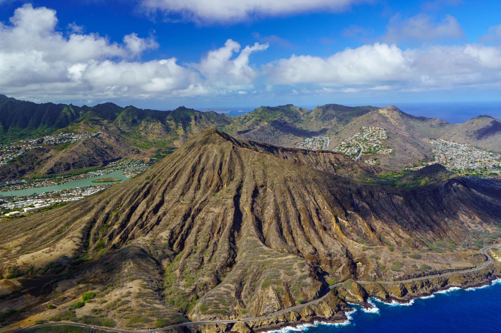 Stunning aerial shot of Koko Head Crater with surrounding landscape on Oahu, Hawaii.
