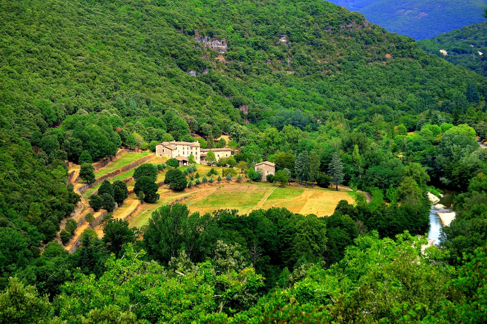 Scenic view of lush countryside landscape in Thoiras, Occitanie, France, capturing natural beauty and tranquility.