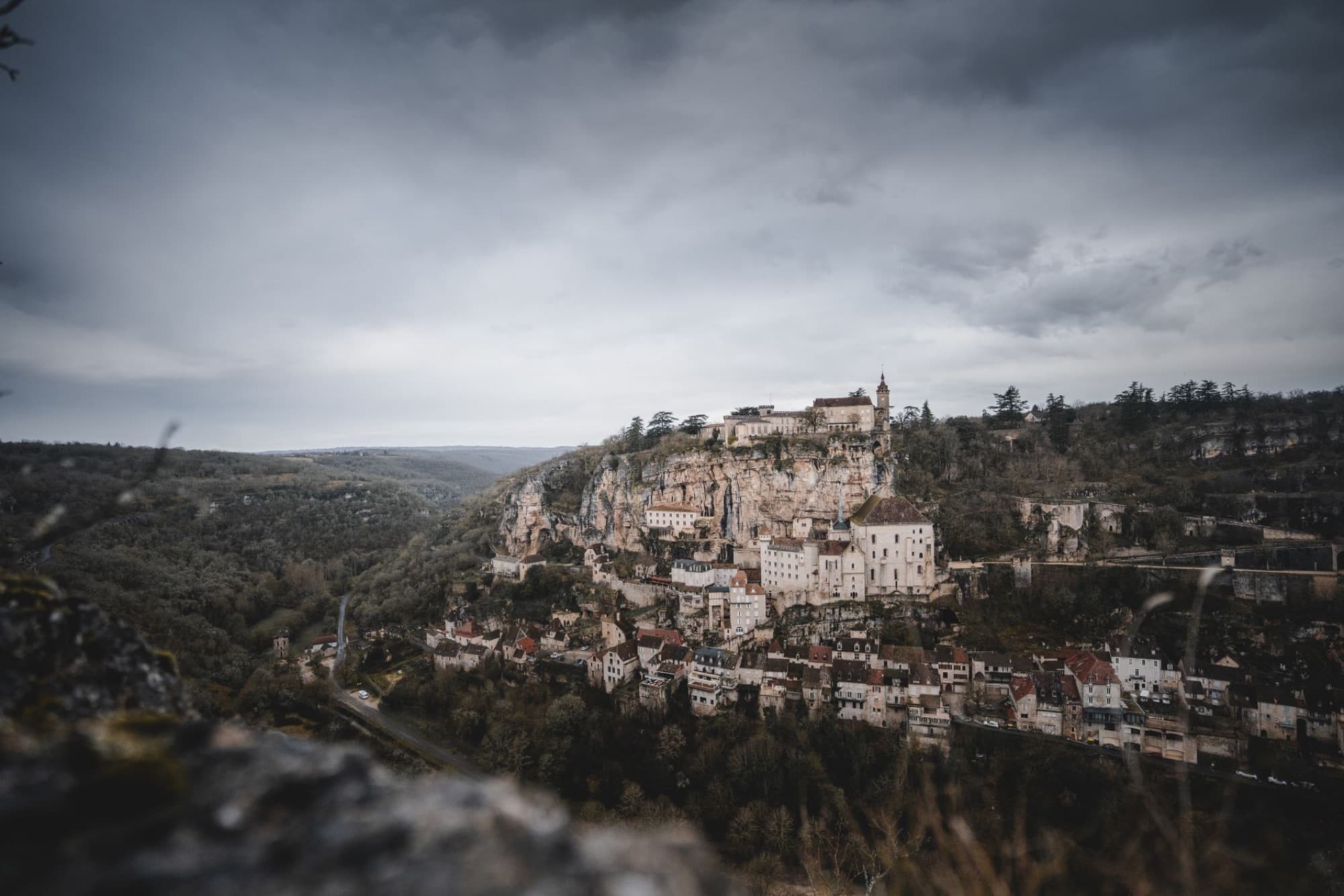 A breathtaking view of Rocamadour, a historic village in Occitanie, France, built on a cliff.