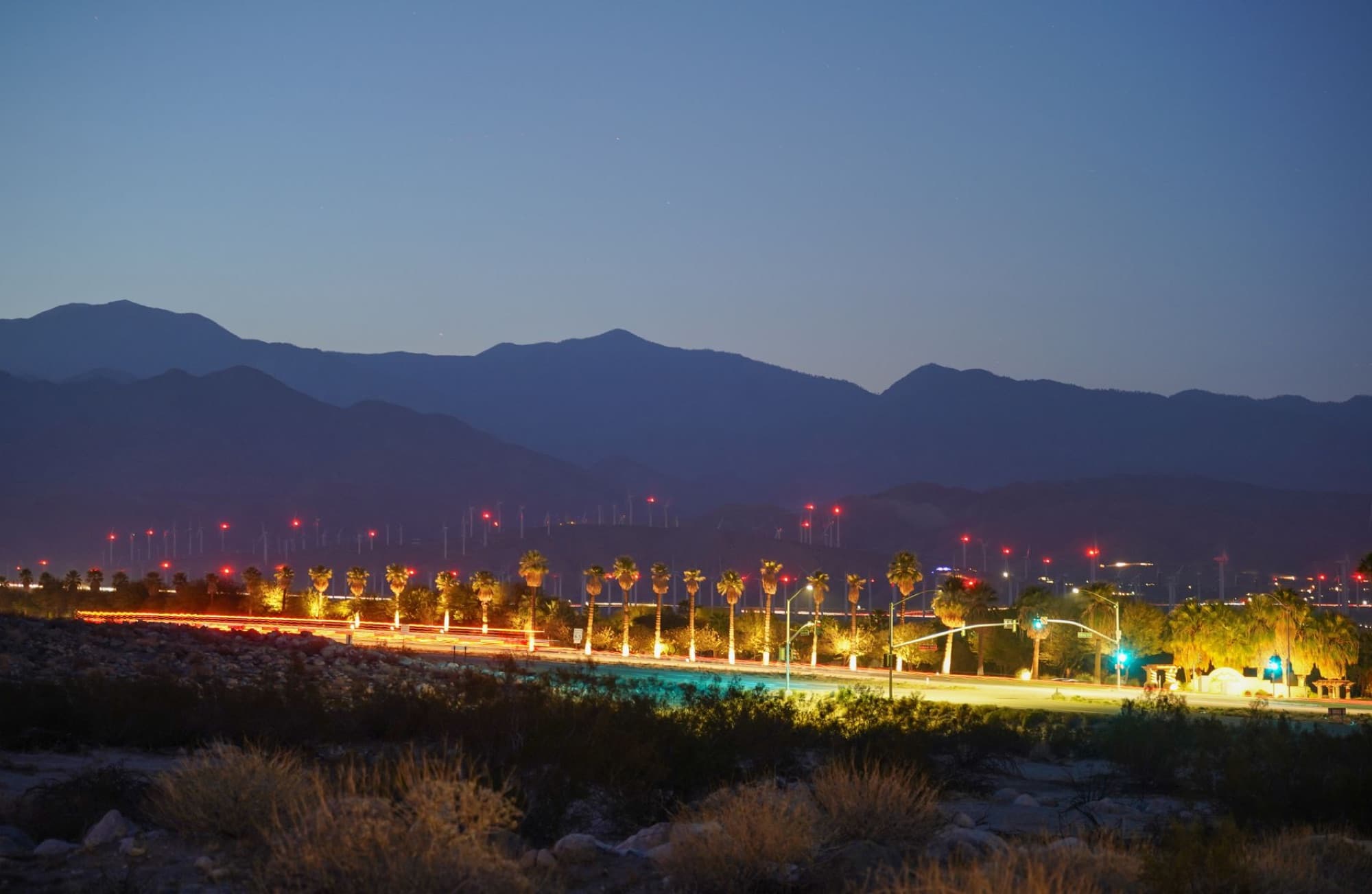 Palm-lined street illuminated at twilight with mountains in the background, Palm Springs, CA.