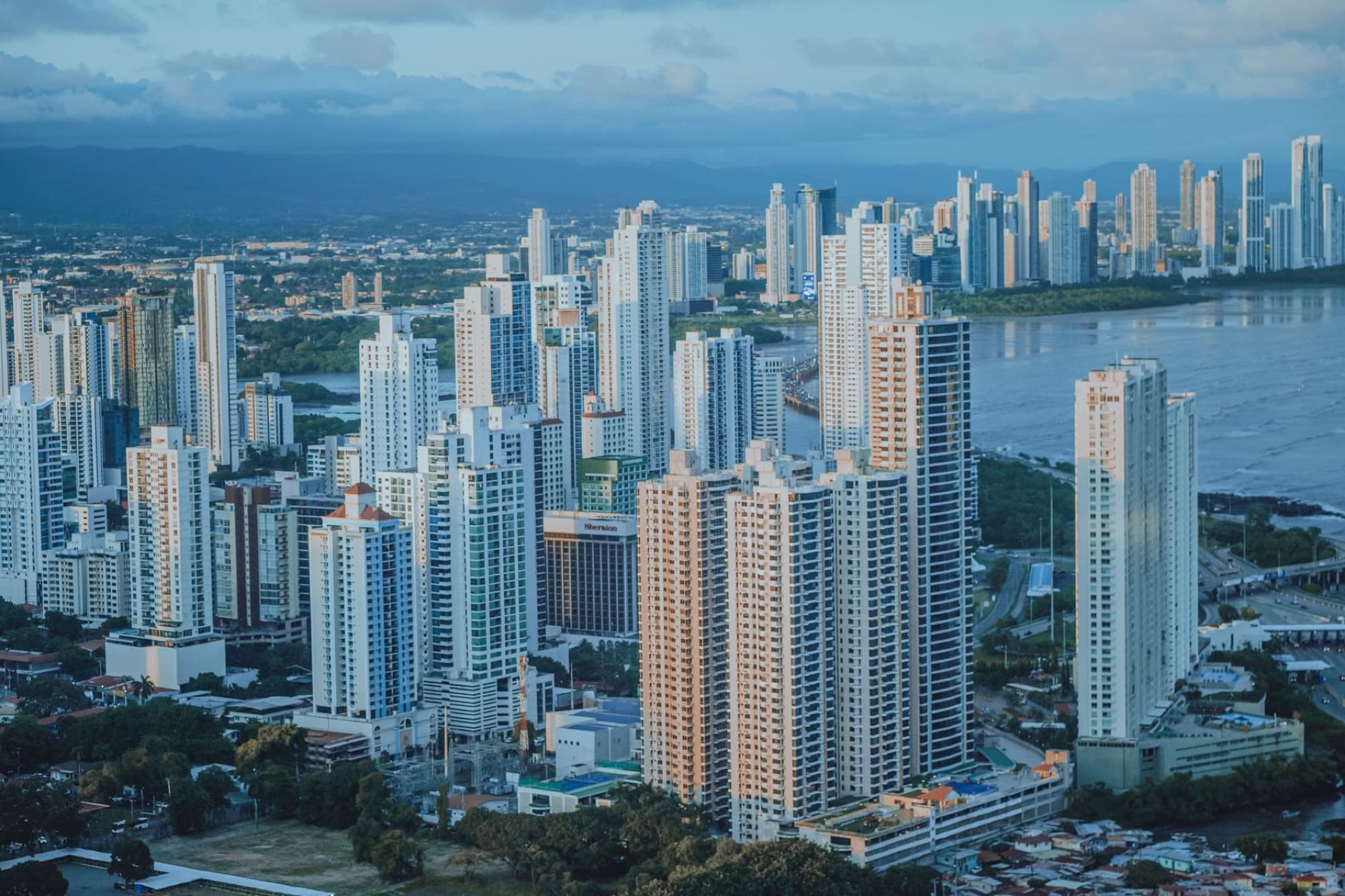 A breathtaking aerial view showcasing the modern skyline of Panama City with its skyscrapers and vibrant urban landscape.